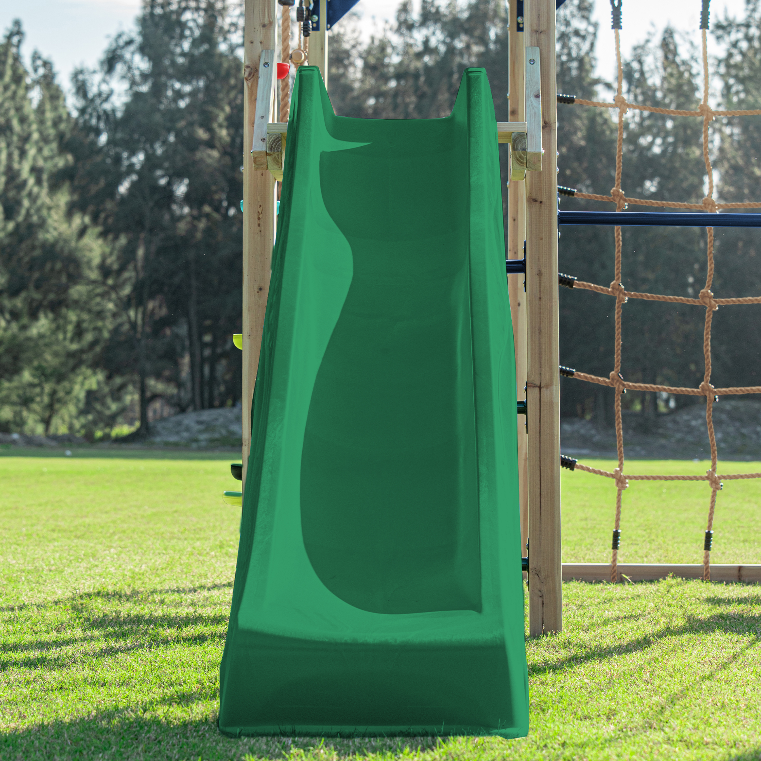 AXI Boris Wooden Playcentre with Swings. Trapeze. Climbing Nets and Monkey Bars – Green Slide-8720365066627 AXI Boris Wooden Playcentre with Swings. Trapeze. Climbing Nets and Monkey Bars – Green Slide