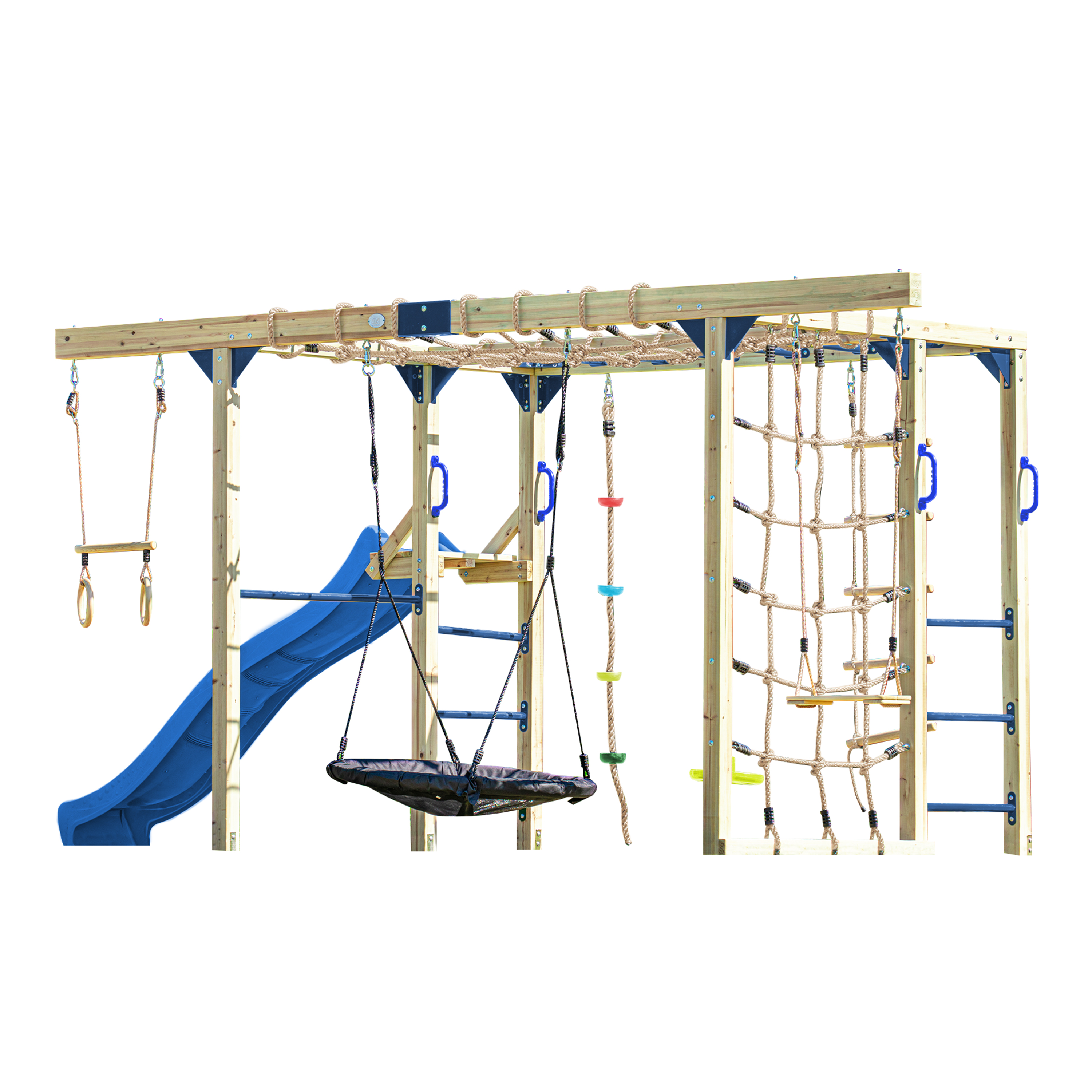 AXI Boris Wooden Playcentre with Swings. Trapeze. Climbing Nets and Monkey Bars – Blue Slide-8720365066658 AXI Boris Wooden Playcentre with Swings. Trapeze. Climbing Nets and Monkey Bars – Blue Slide