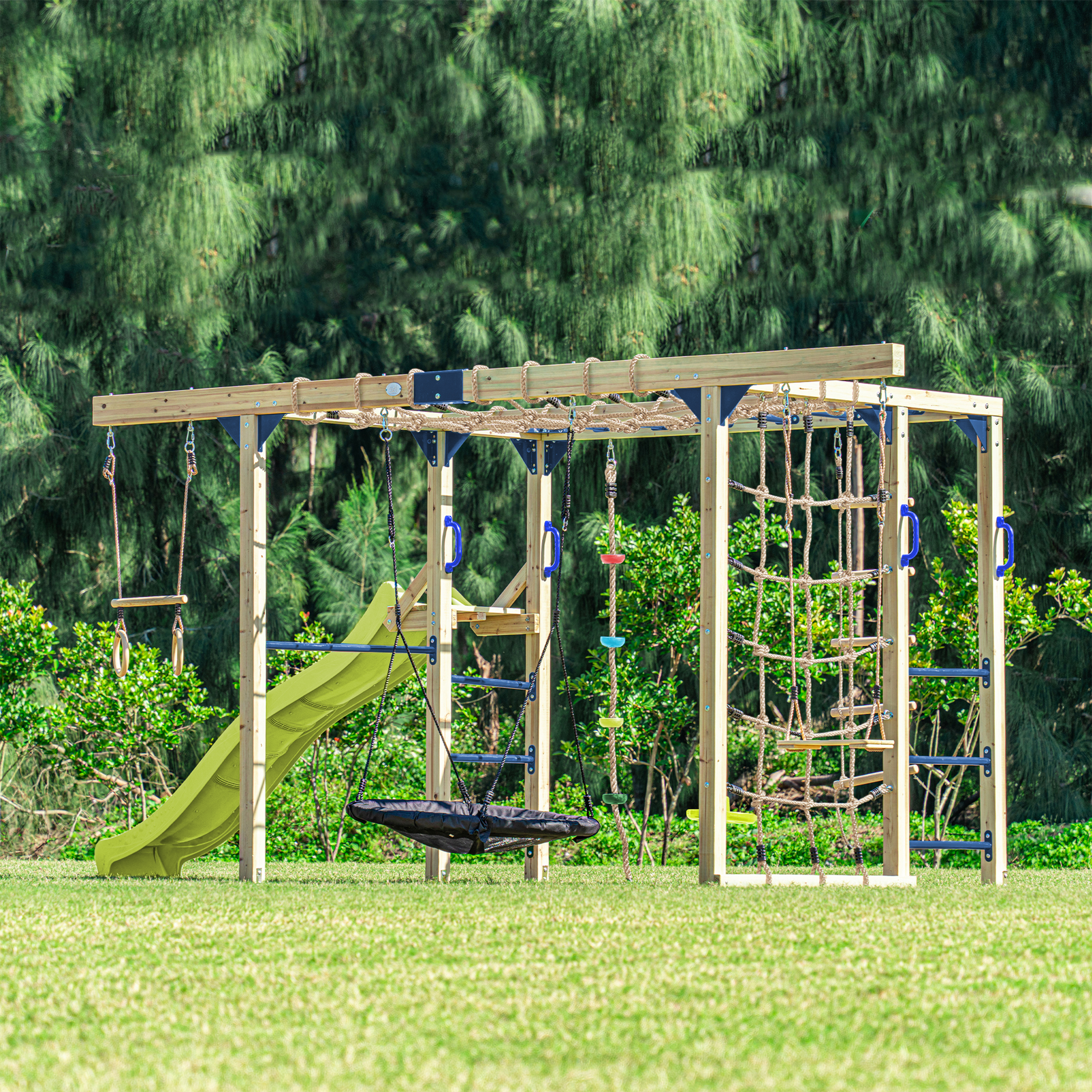 AXI Boris Wooden Playcentre with Swings. Trapeze. Climbing Nets and Monkey Bars – Lime Green Slide