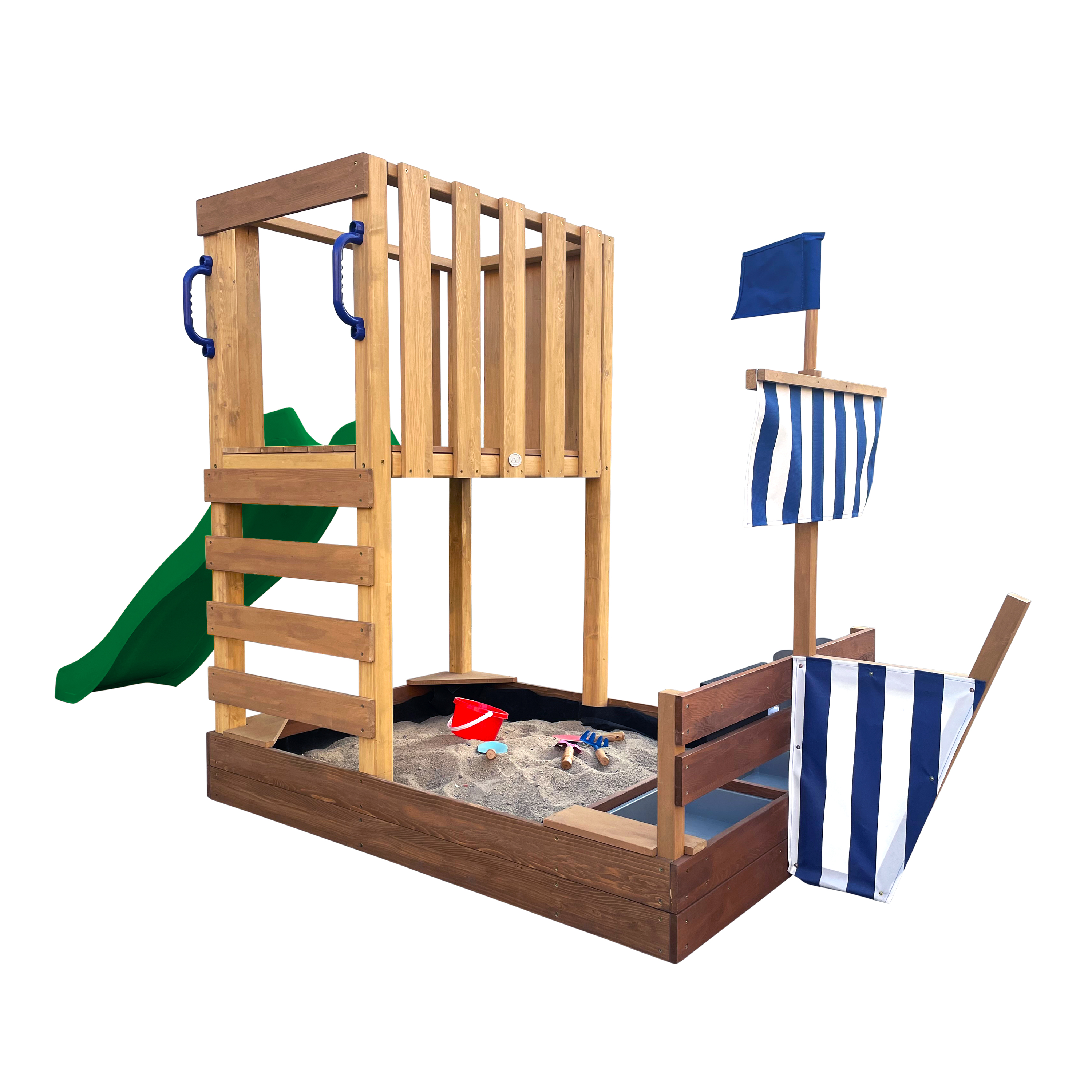 AXI Vicky Climbing Frame with Sandbox. Play Kitchen & Chalkboard – Green Slide