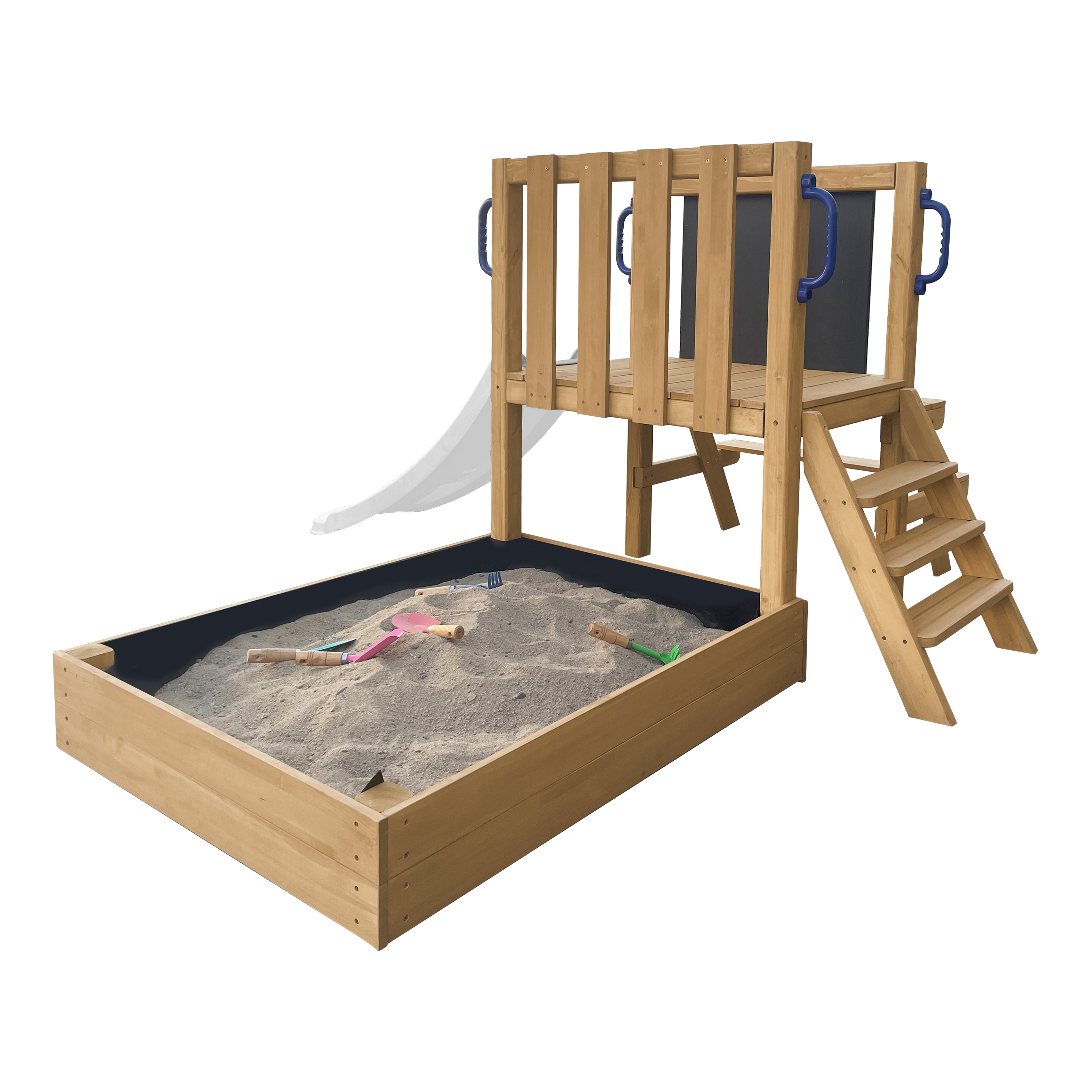 AXI Leah Mini Wooden Playtower with Sandbox. Picnic Table & Chalkboard – White Slide