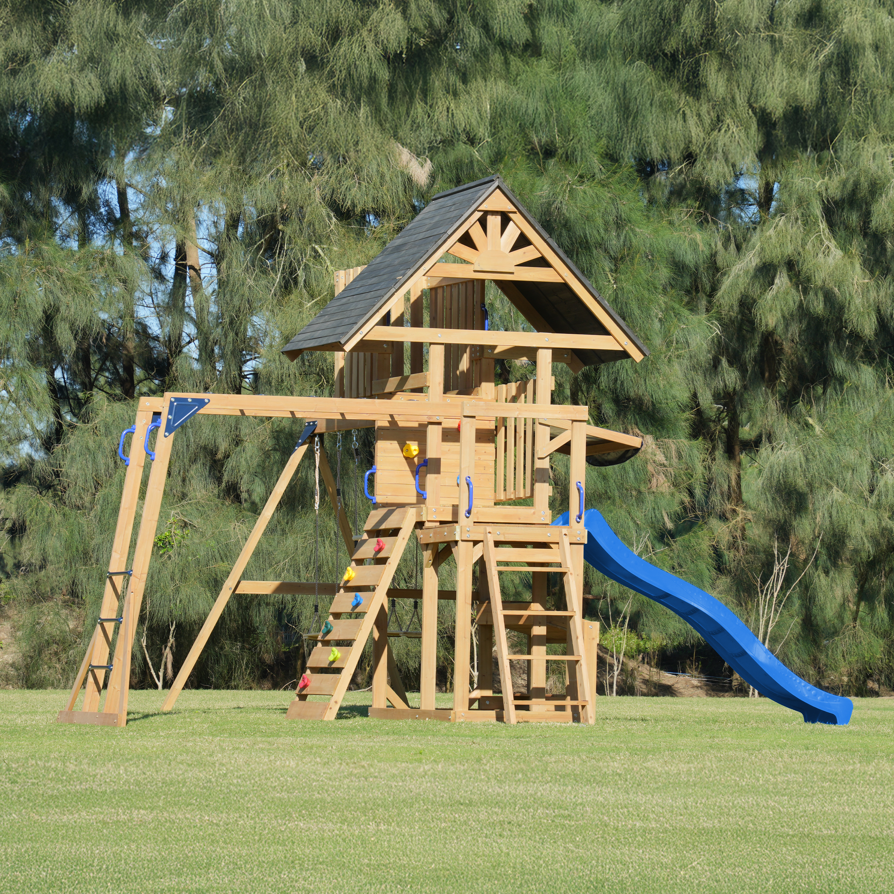 AXI Mitch Climbing Frame with Double Swing. Trapeze and Lookout Tower – Blue Slide