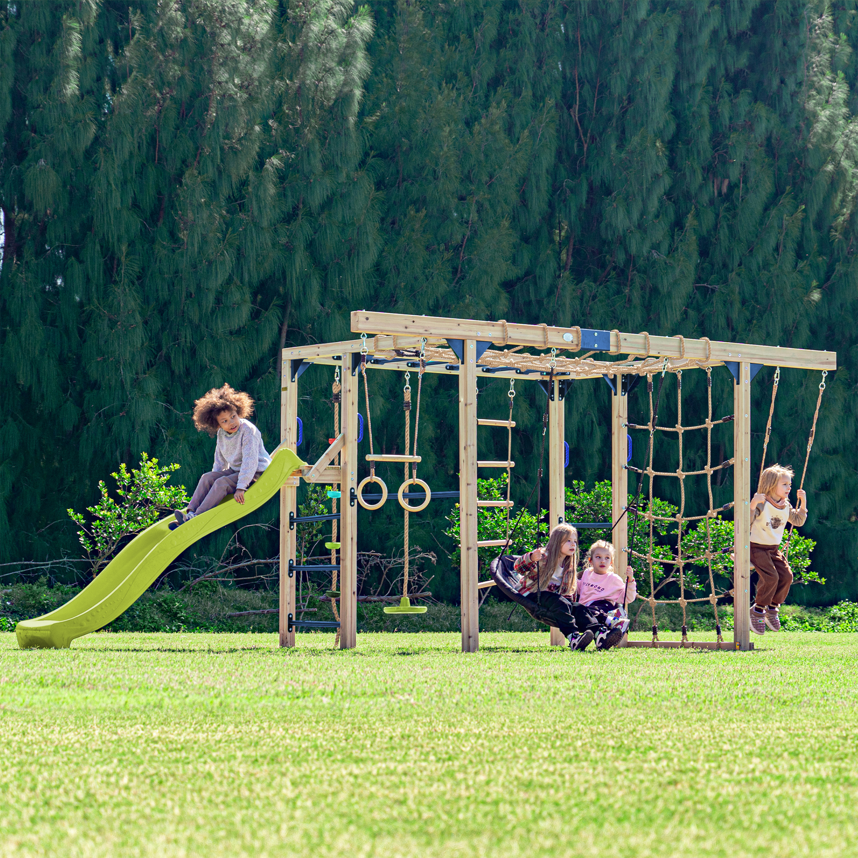 AXI Boris Wooden Playcentre with Swings. Trapeze. Climbing Nets and Monkey Bars – Lime Green Slide
