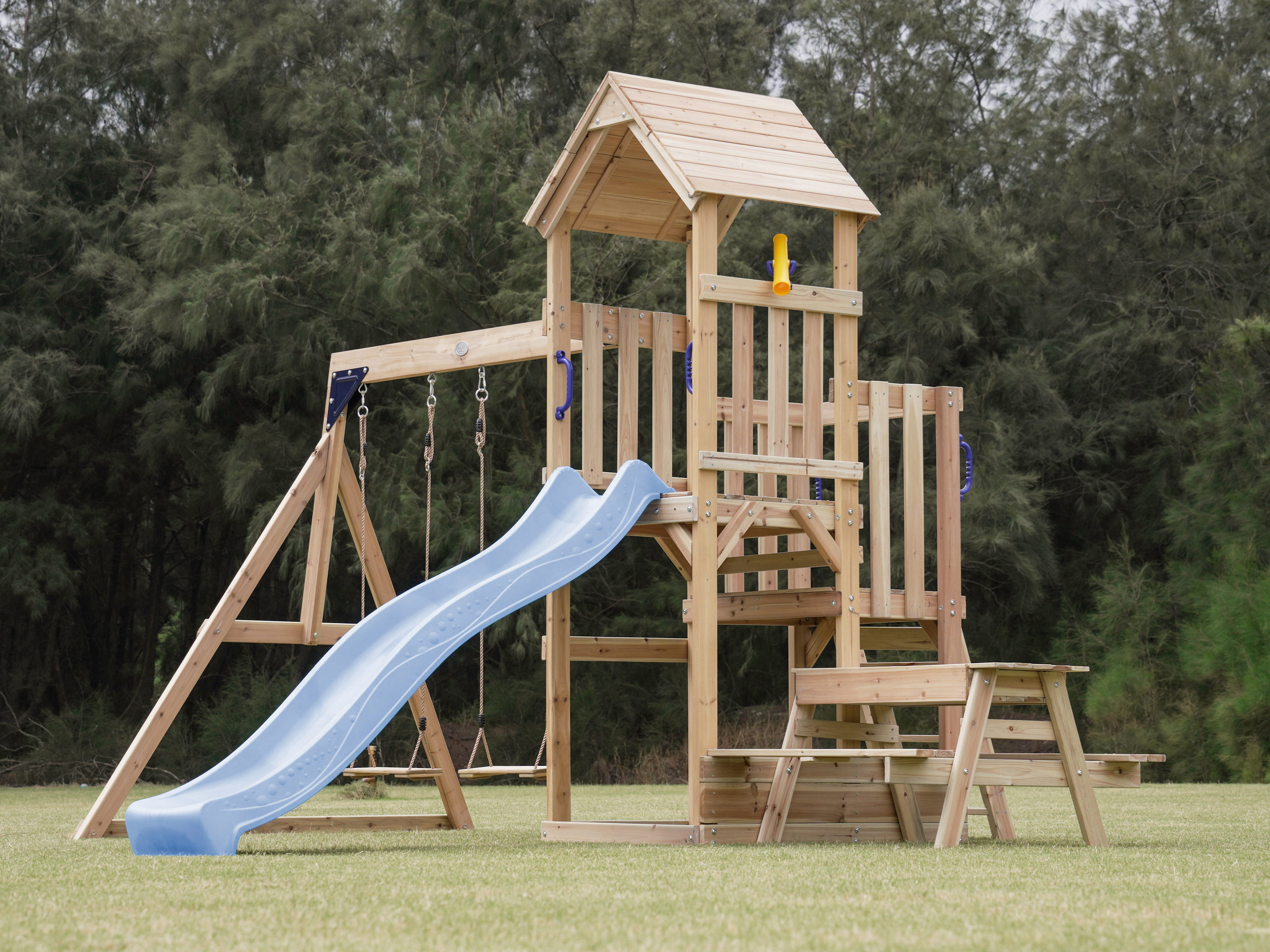 AXI Mette Climbing Frame with Double Swing Set and Picnic Table - Pastel Blue Slide