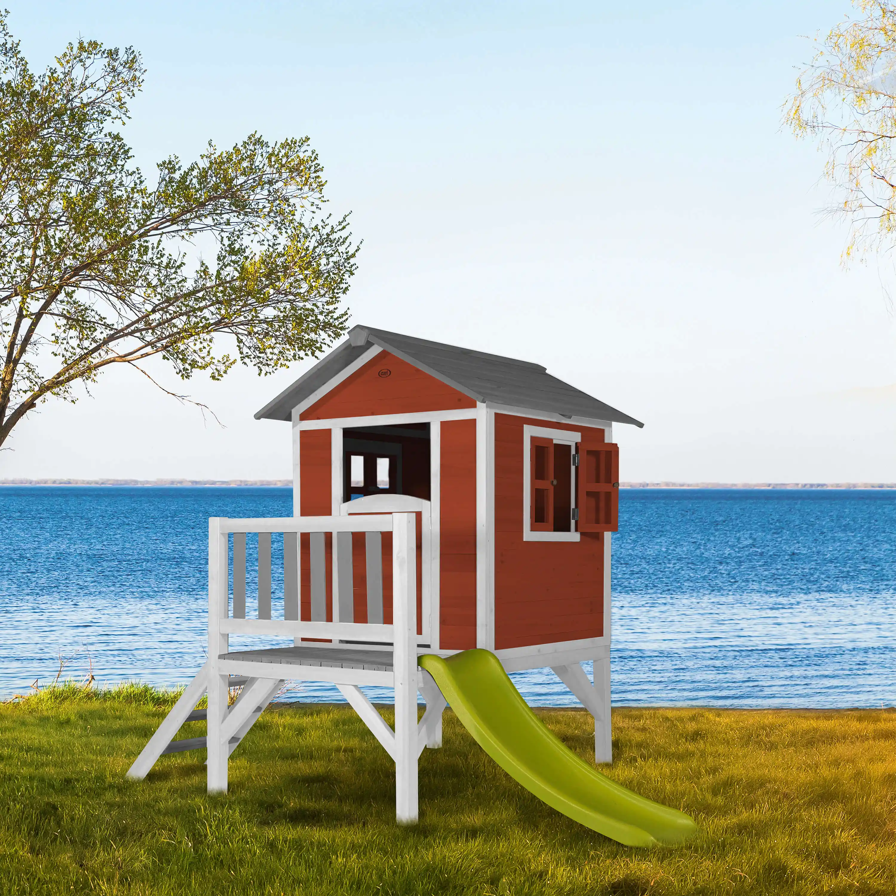 AXI Lodge XL Speelhuis Scandinavisch Rood - Limoen groene Glijbaan