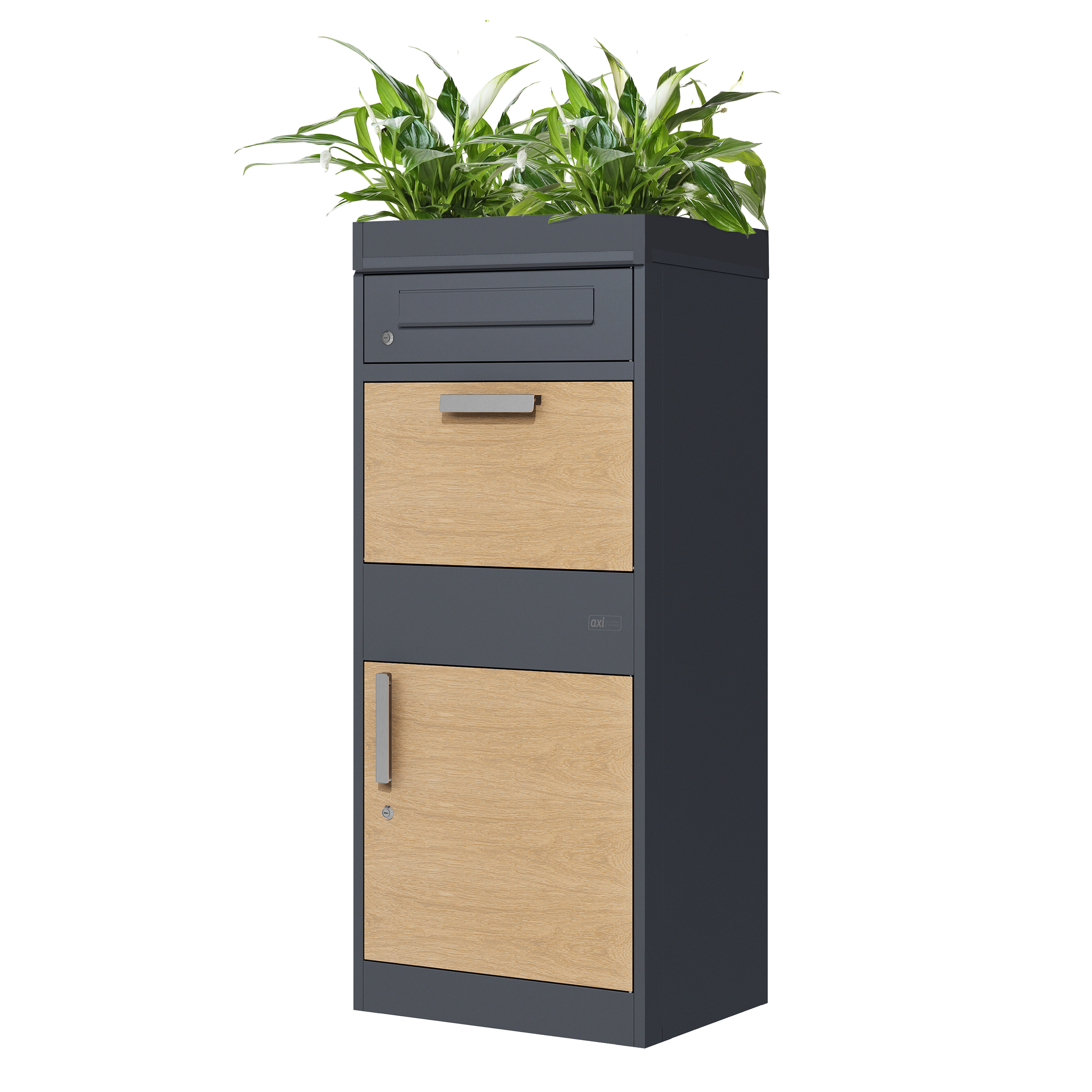 AXI Levi Pakketbrievenbus van Metaal Antraciet/Houtlook met plantenbak