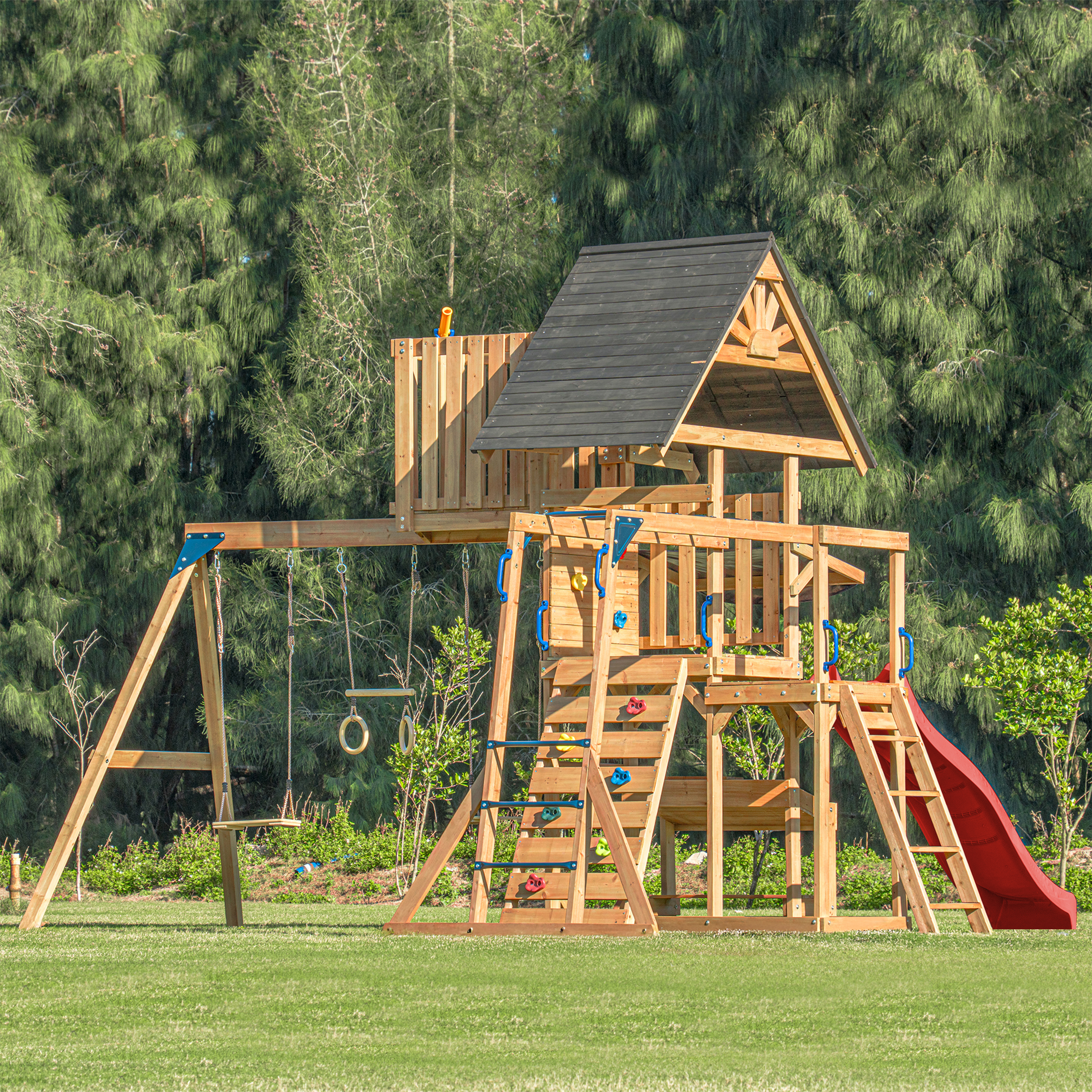 AXI Mitch Climbing Frame with Double Swing. Trapeze and Lookout Tower – Red Slide