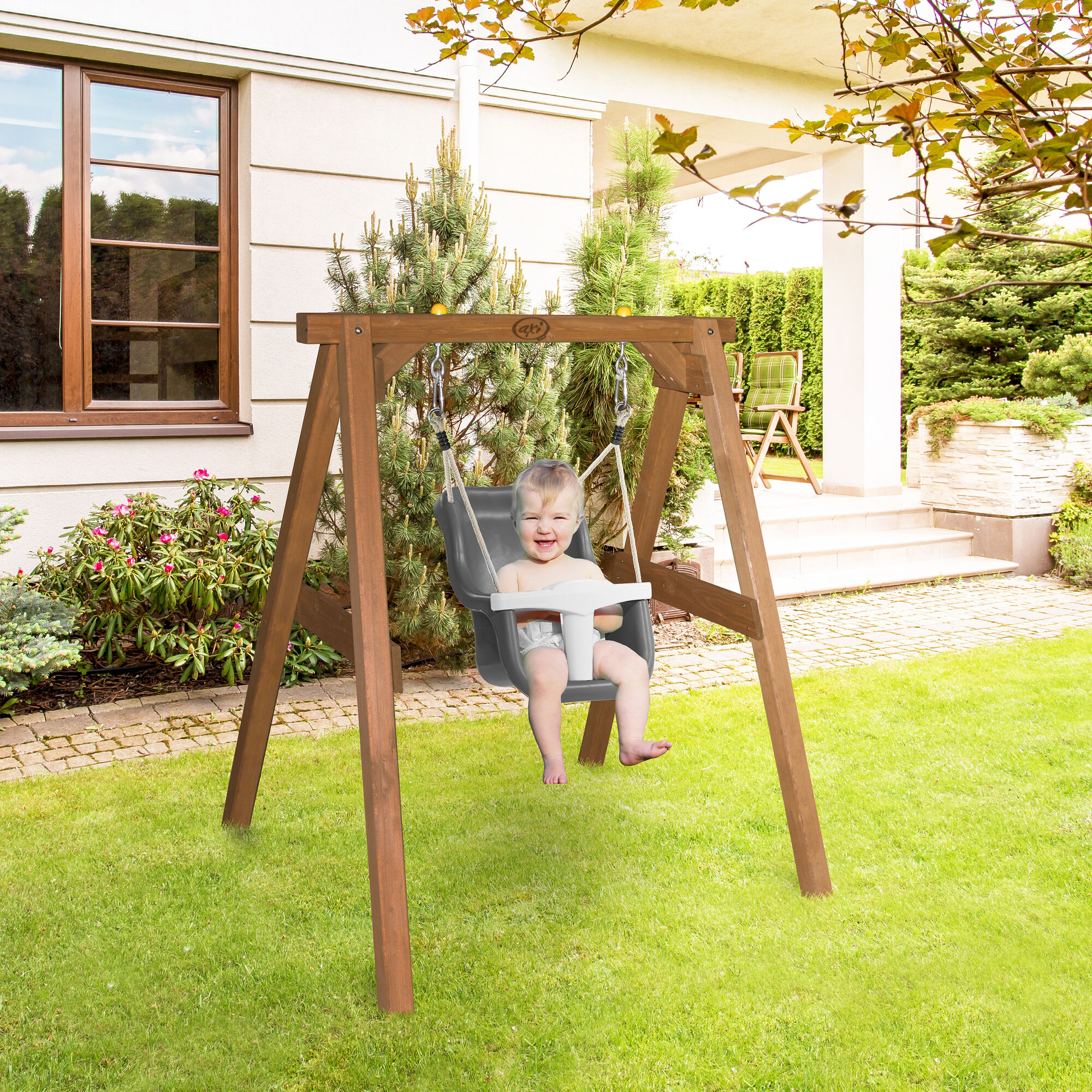 AXI Baby Schommel Bruin met zitje Grijs/wit