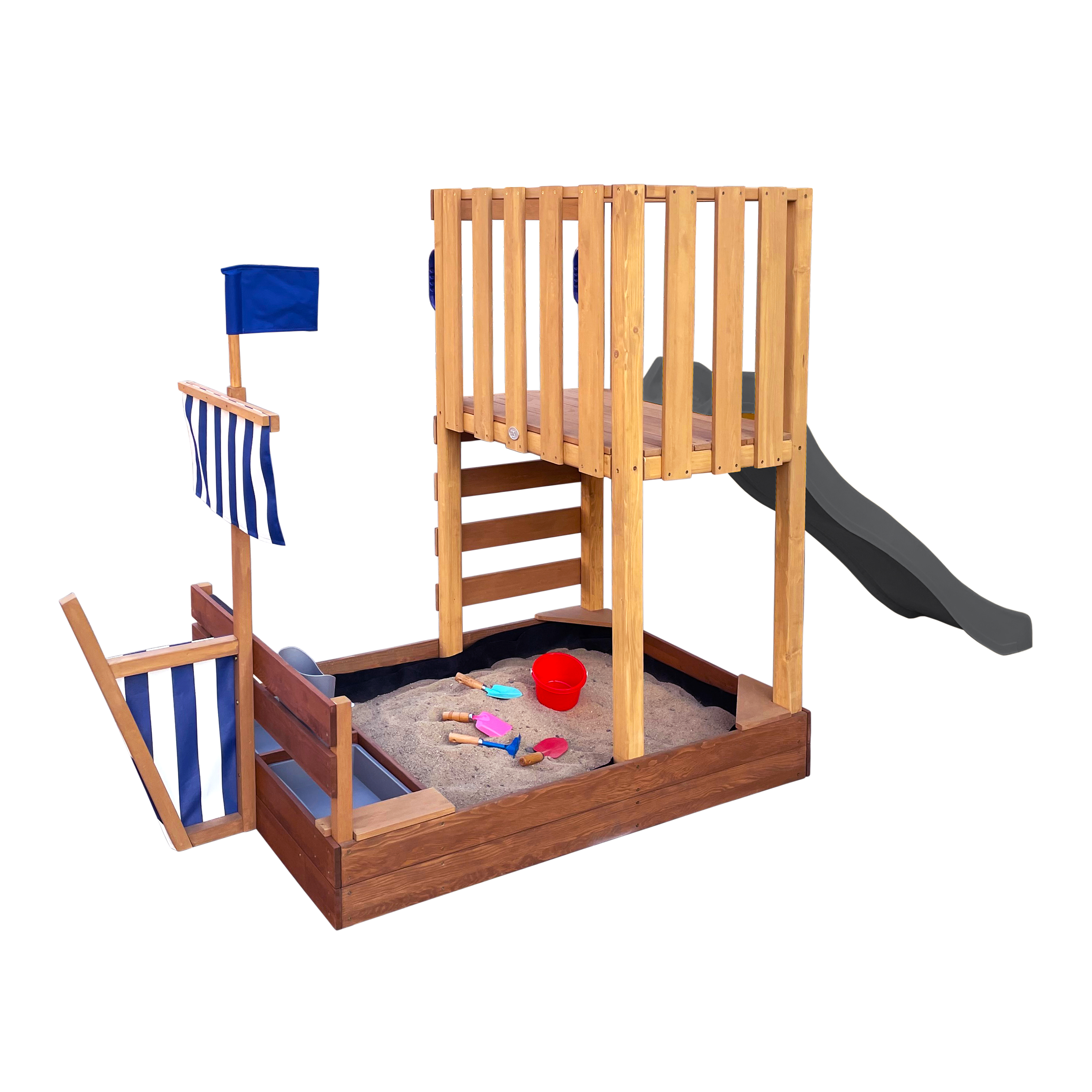 AXI Vicky Climbing Frame with Sandbox. Play Kitchen & Chalkboard – Grey Slide