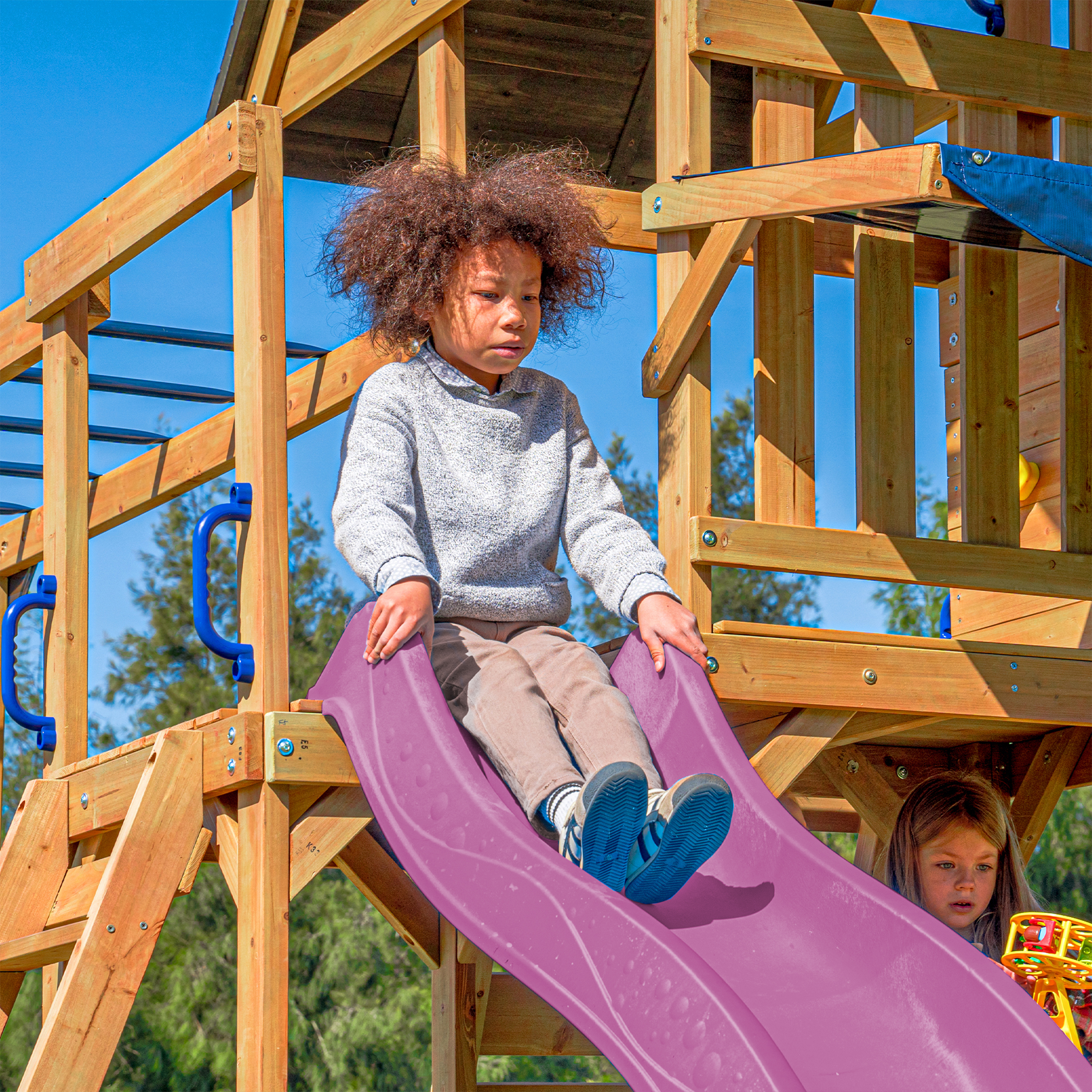 AXI Mitch Climbing Frame with Double Swing, Trapeze and Lookout Tower – Purple Slide