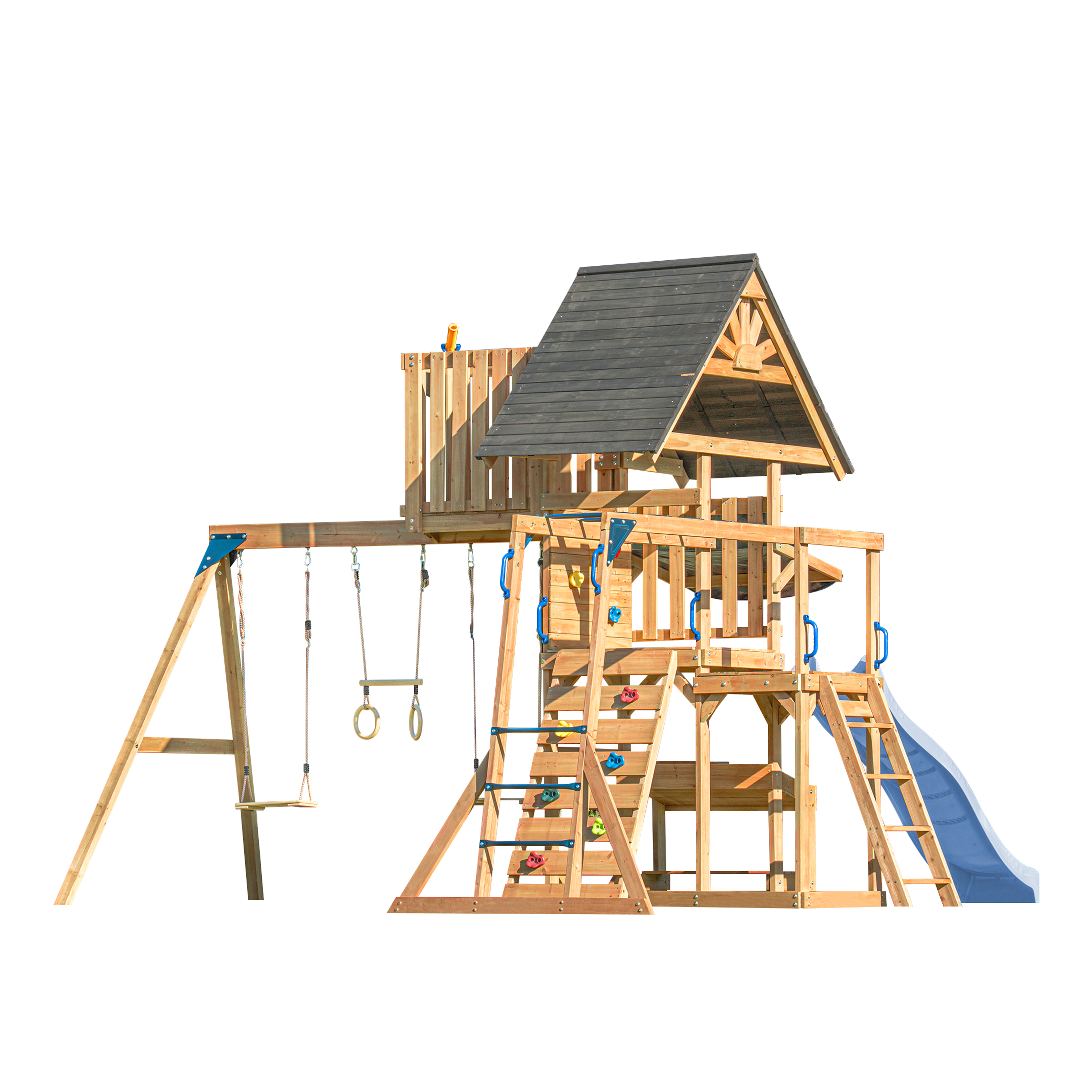 AXI Mitch Climbing Frame with Double Swing. Trapeze and Lookout Tower – Pastel Blue Slide