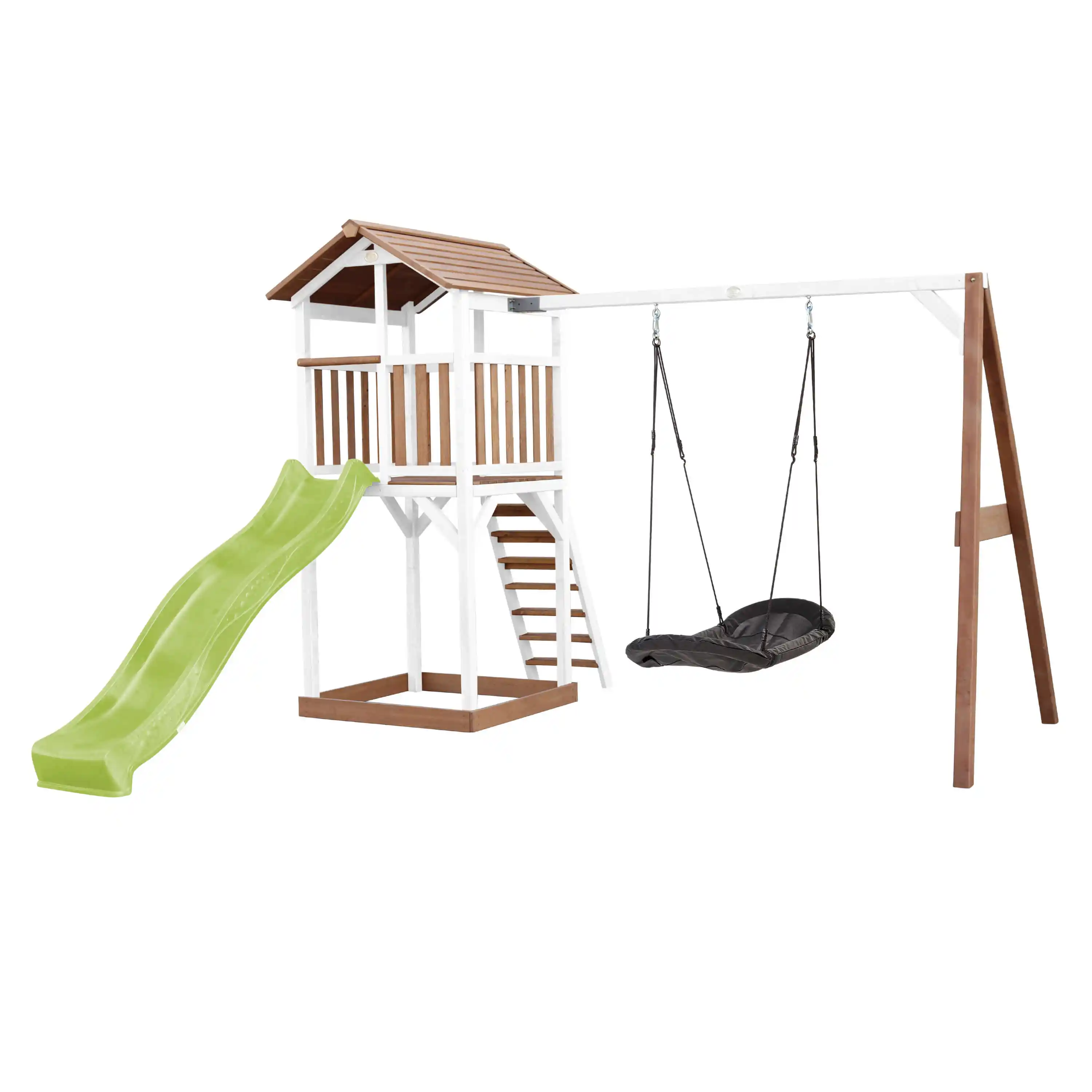 AXI Beach Tower Speeltoren met Roxy Nestschommel Bruin/wit - Limoen groene Glijbaan