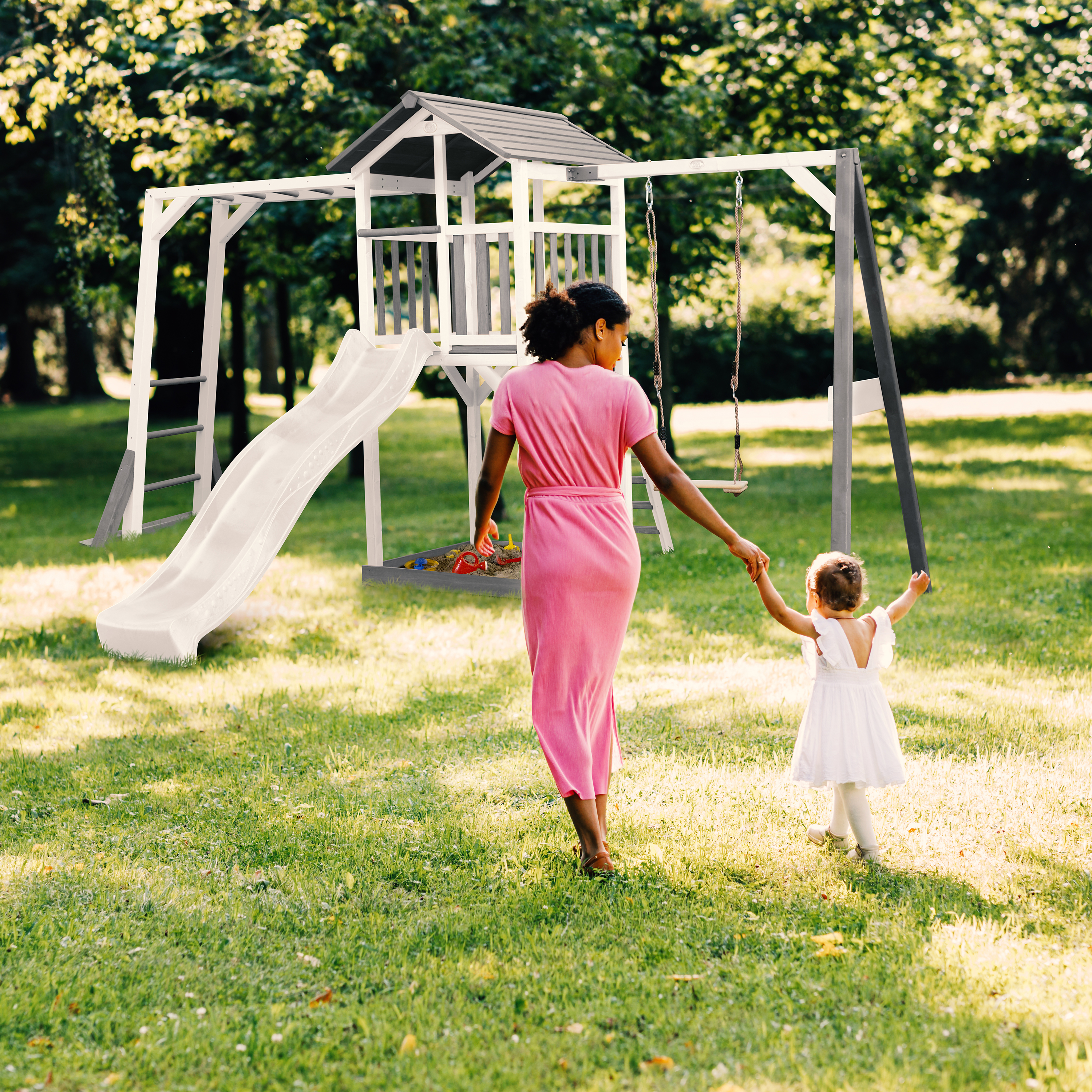 AXI Beach Tower with Climbing Frame and Single Swing Set Grey/White - White Slide