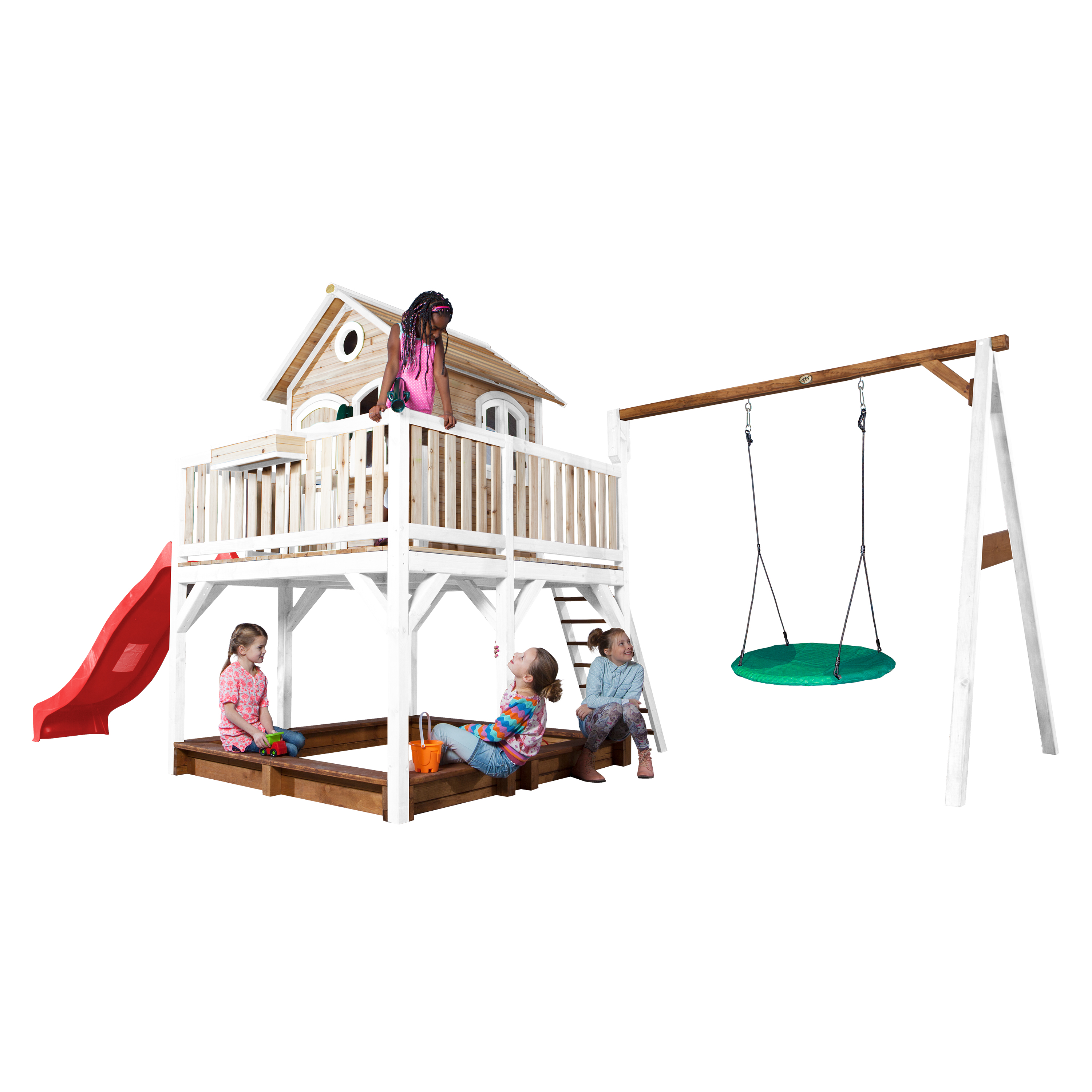 AXI Liam Playhouse with Summer Nest Swing Set Brown/White - Red Slide