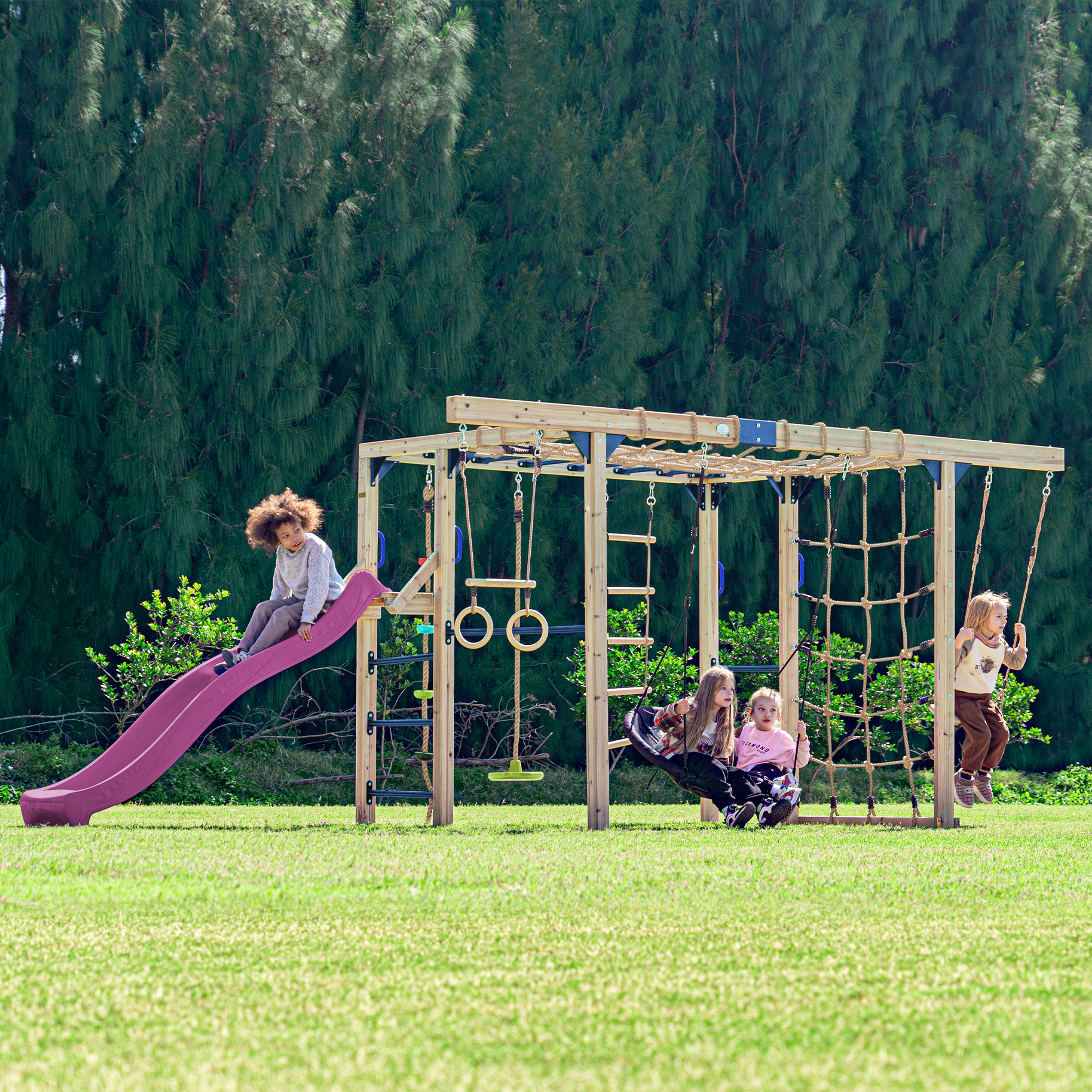 AXI Boris Wooden Playcentre with Swings. Trapeze. Climbing Nets and Monkey Bars – Purple Slide-8720365066665 AXI Boris Wooden Playcentre with Swings. Trapeze. Climbing Nets and Monkey Bars – Purple Slide