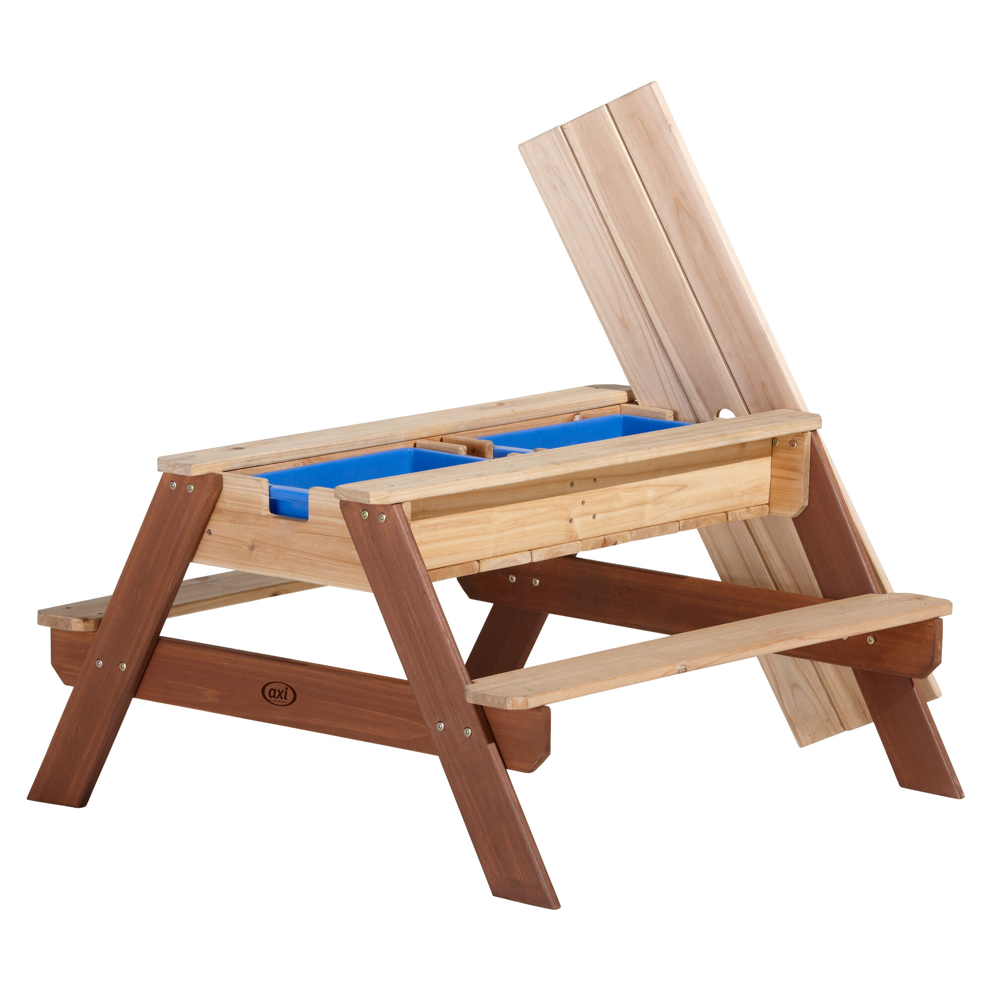 AXI Nick Zand & Water Picknicktafel Bruin - Parasol Blauw/wit - FSC Hout