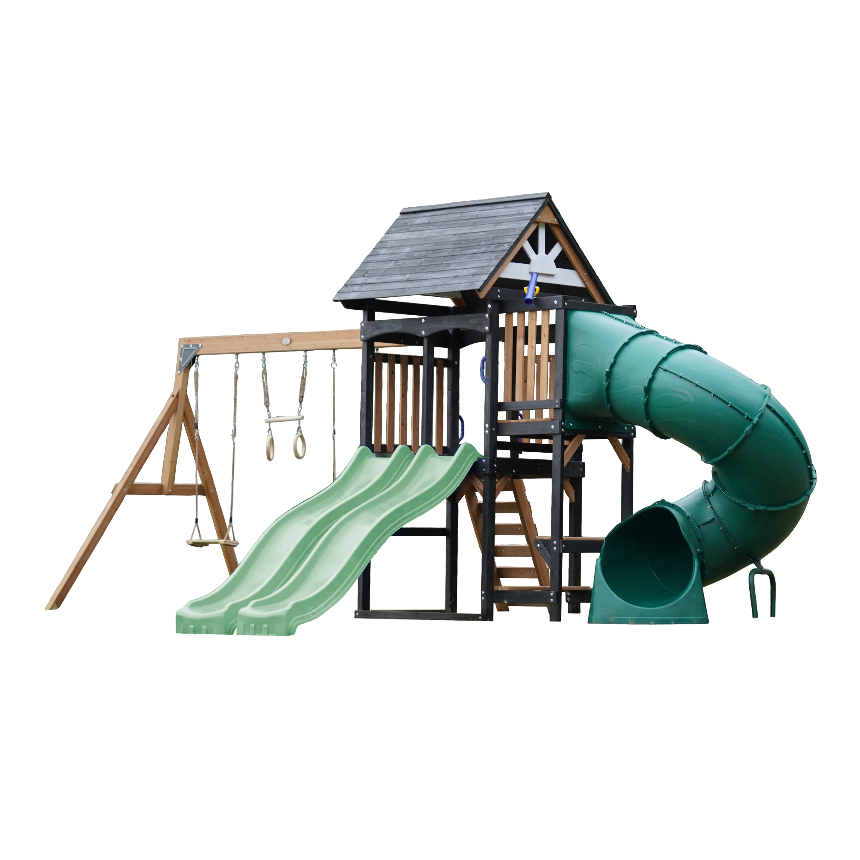 AXI Cody Climbing Frame with Swings, Trapeze and Climbing Wall – Pastel Green Double Slide and Tube Slide