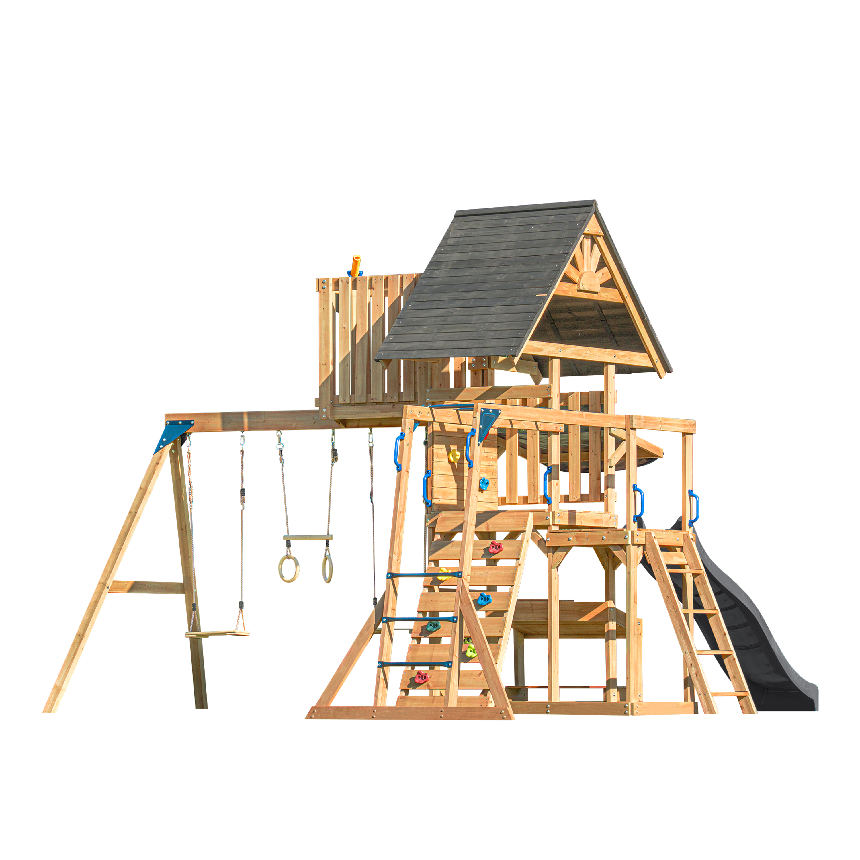 AXI Mitch Climbing Frame with Double Swing. Trapeze and Lookout Tower – Grey Slide