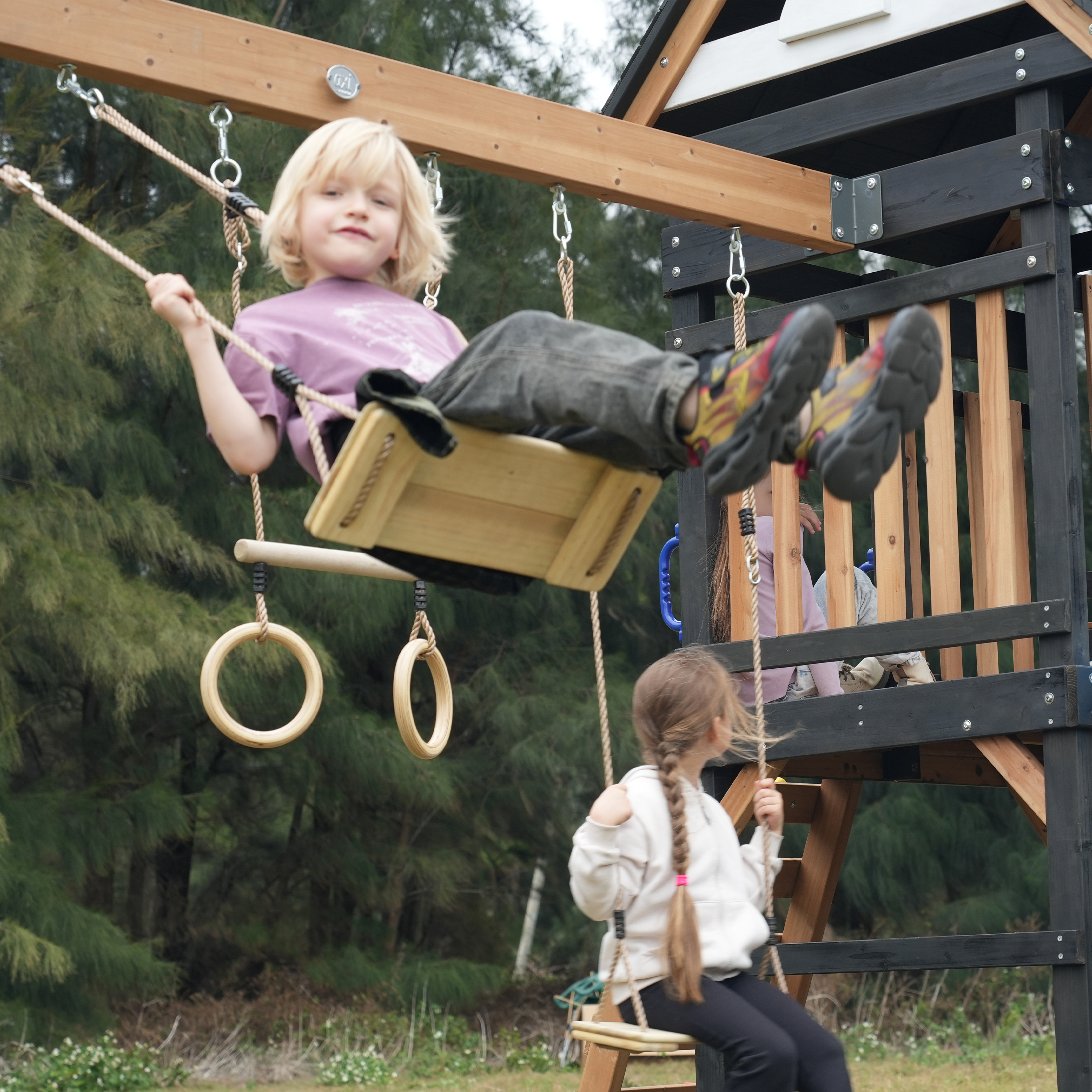 AXI Cody Climbing Frame with Swings. Trapeze and Climbing Wall – Blue Double Slide and Tube Slide