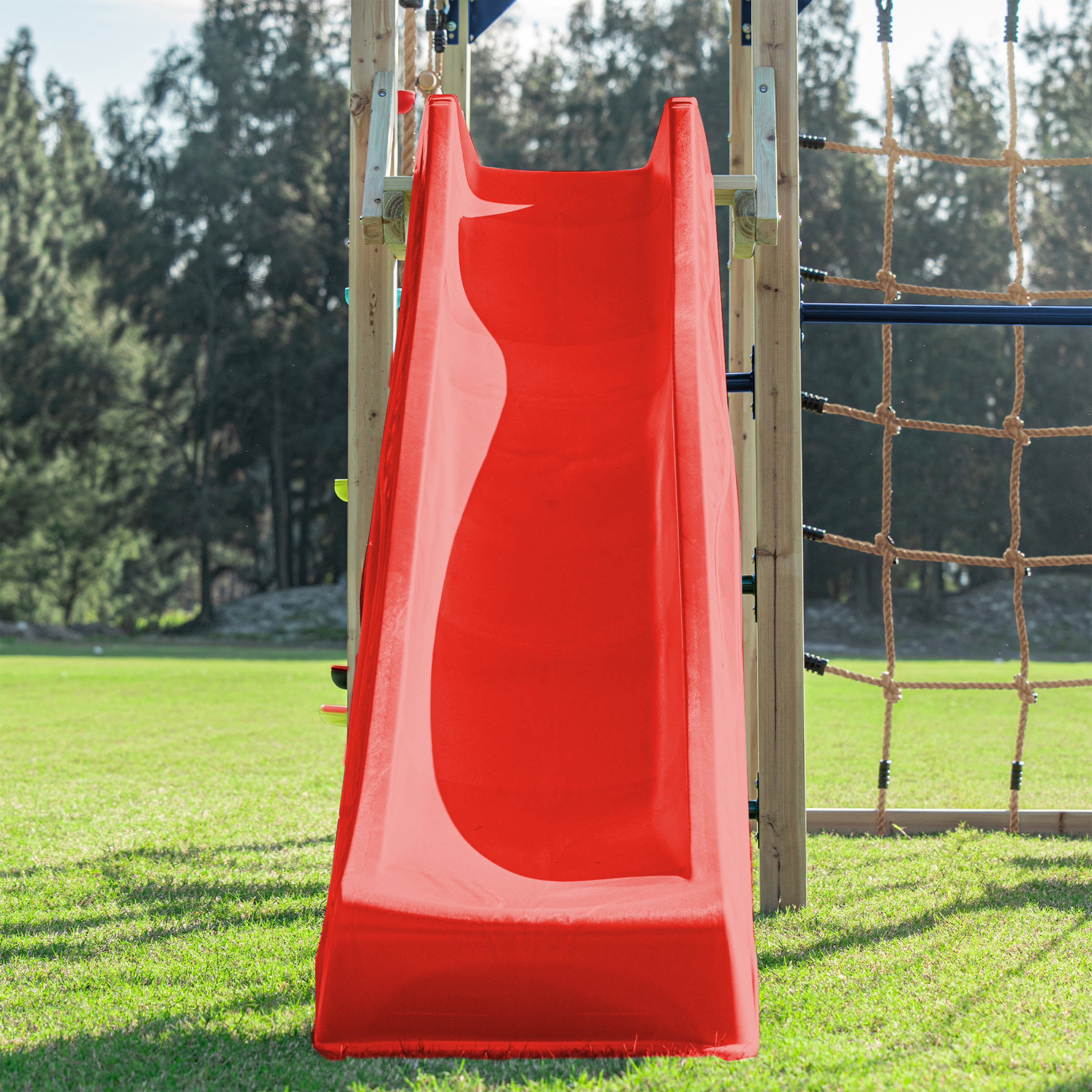 AXI Boris Wooden Playcentre with Swings. Trapeze. Climbing Nets and Monkey Bars – Red Slide