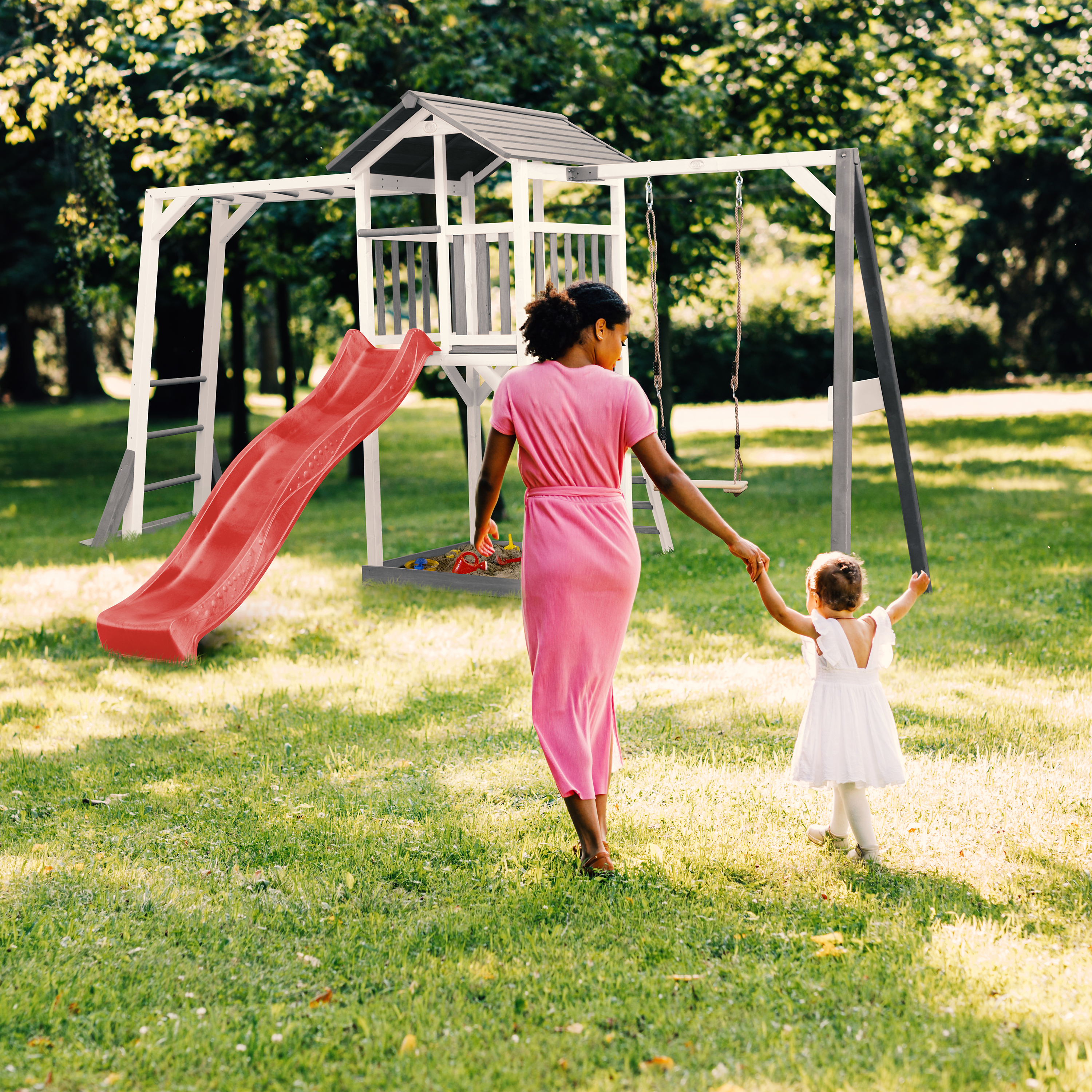 AXI Beach Tower with Climbing Frame and Single Swing Set Grey/White - Red Slide