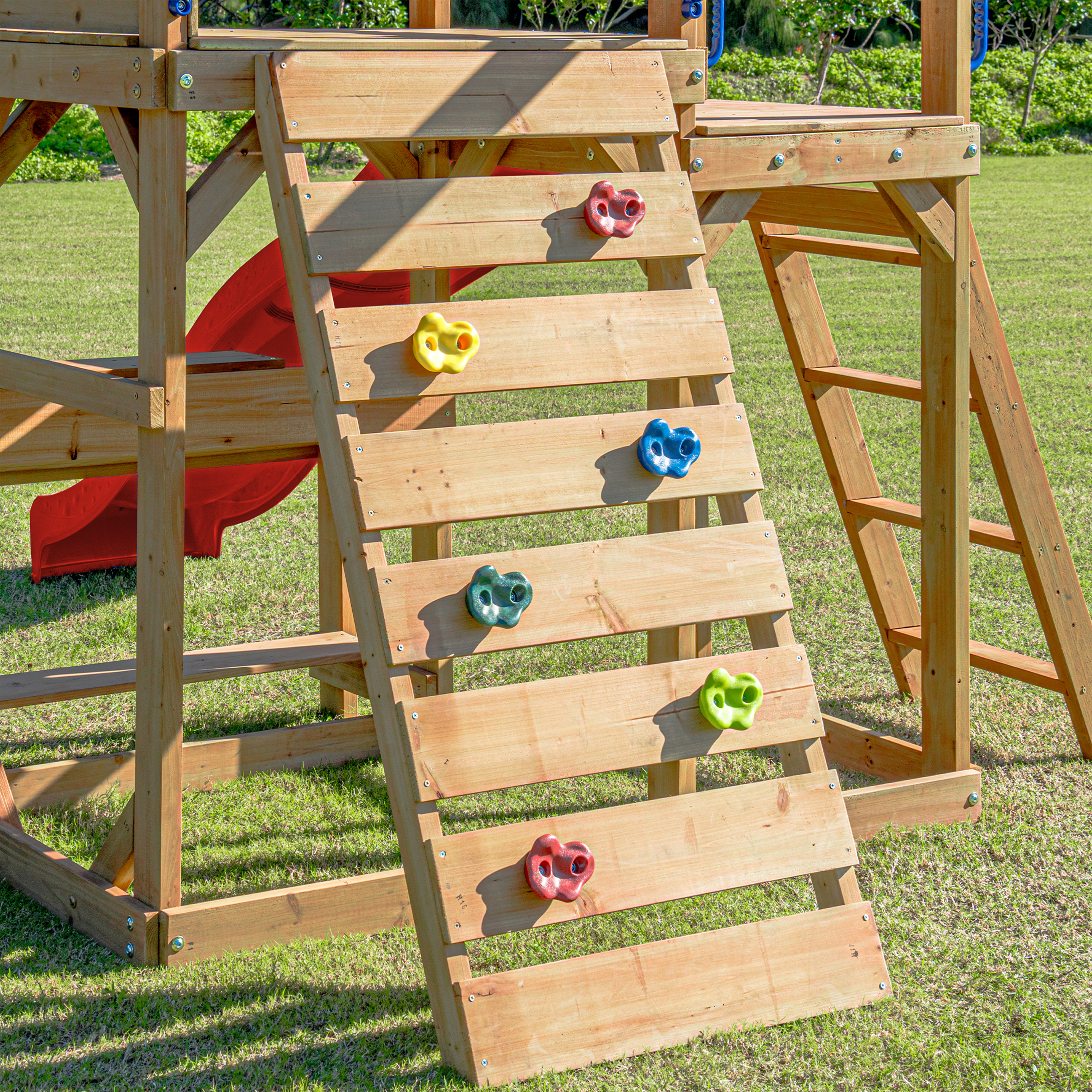 AXI Mitch Climbing Frame with Double Swing. Trapeze and Lookout Tower – Red Slide