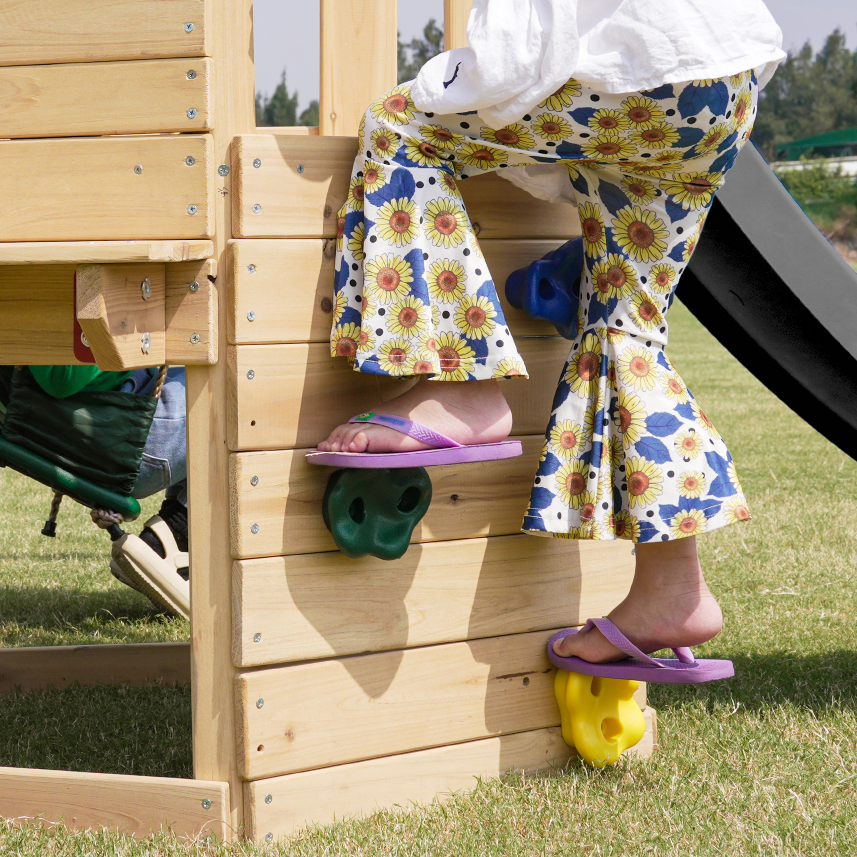 AXI Timo Mini Climbing Frame with Baby Swing. Climbing Wall and Chalkboard – Grey Slide