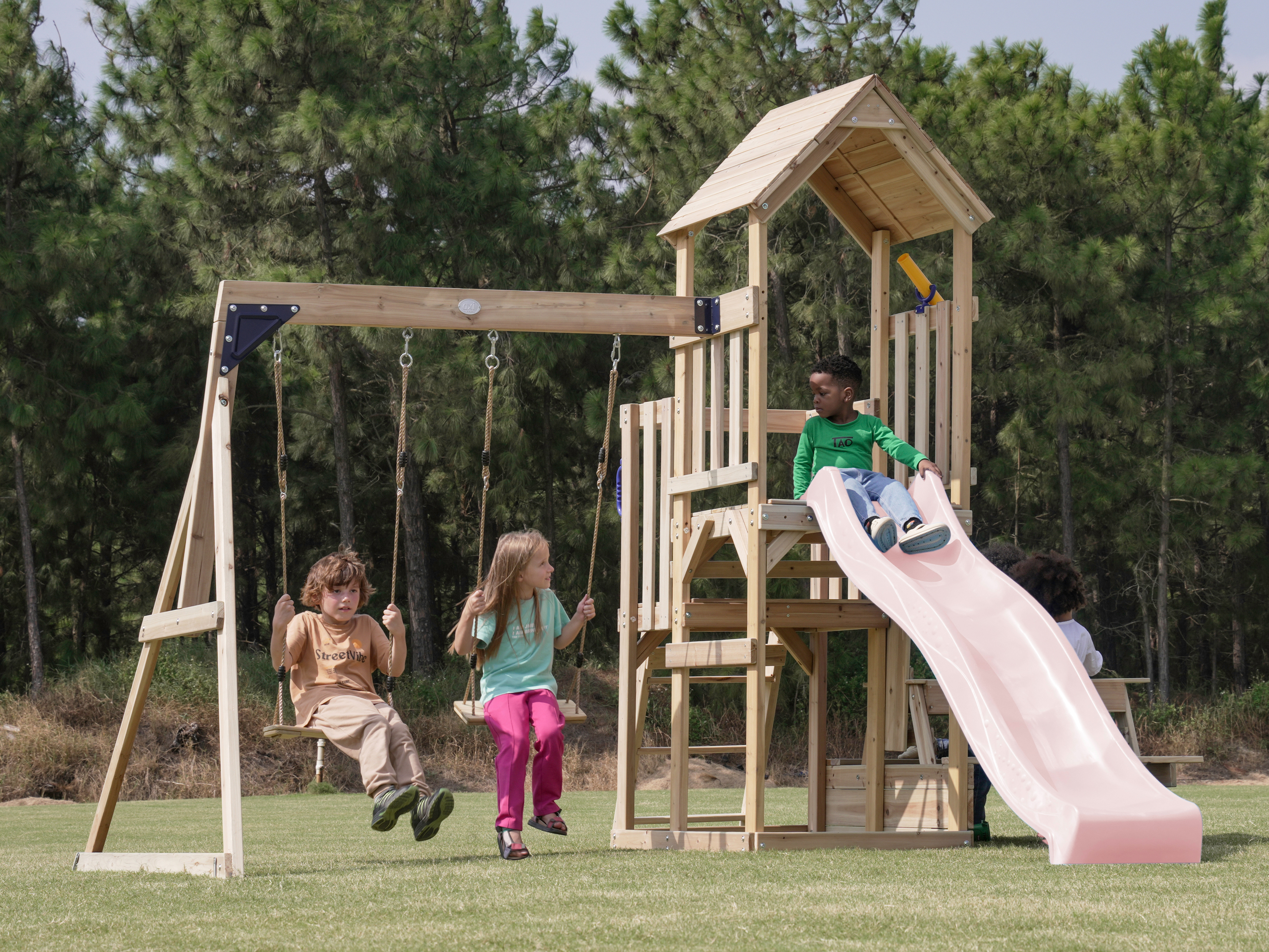 AXI Mette Climbing Frame with Double Swing Set and Picnic Table - Pastel Pink Slide