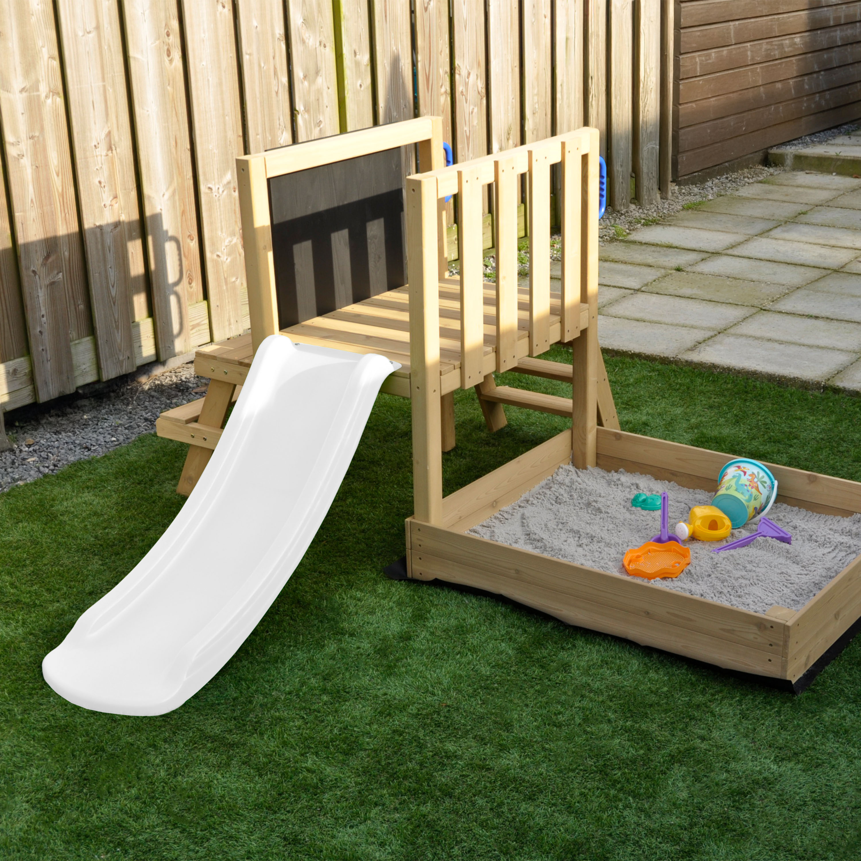 AXI Leah Mini Wooden Playtower with Sandbox. Picnic Table & Chalkboard – White Slide