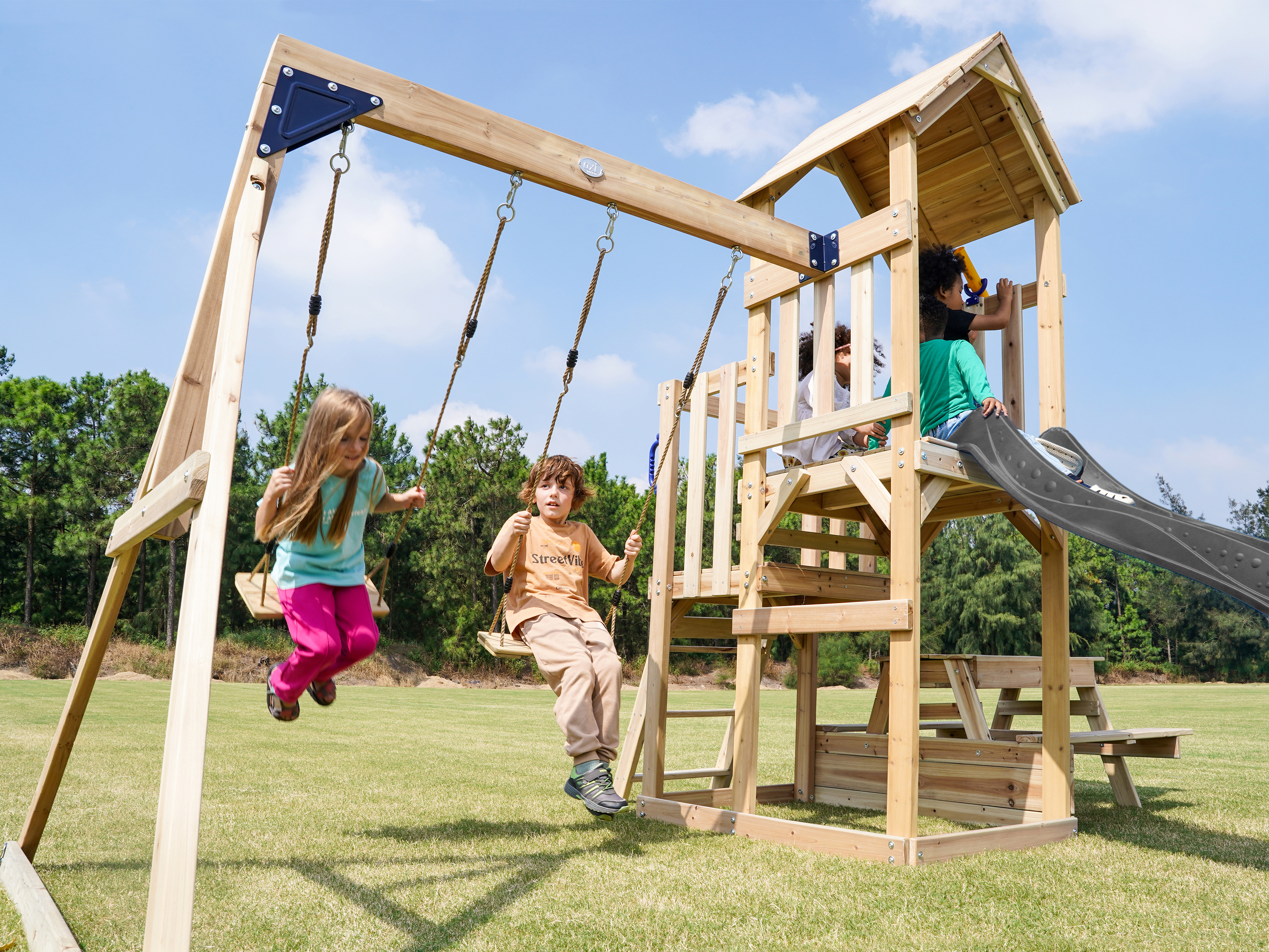 AXI Mette Playground with Double Swing Brown - Grey Slide 