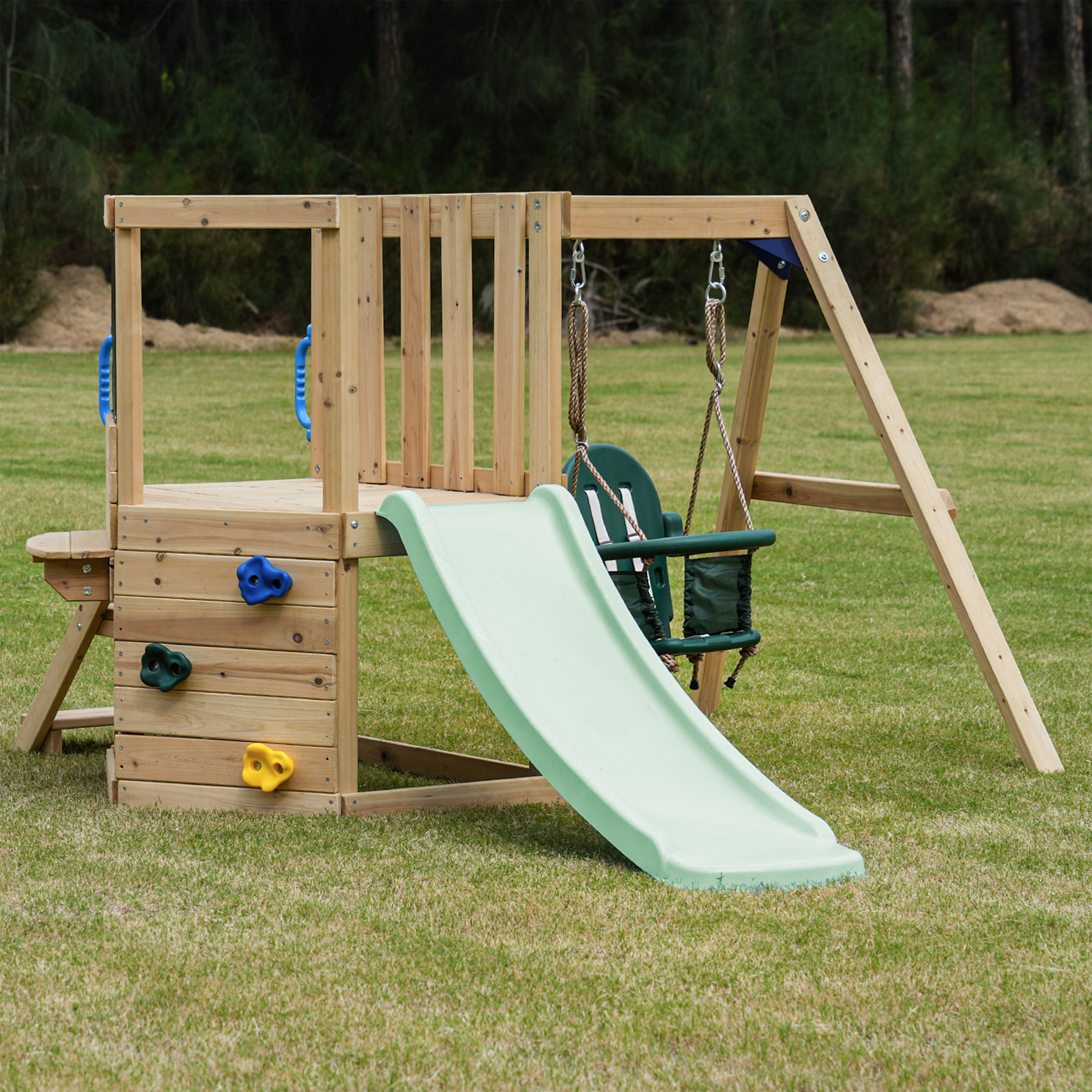 AXI Timo Mini Climbing Frame with Baby Swing, Climbing Wall and Chalkboard – Pastel Green Slide