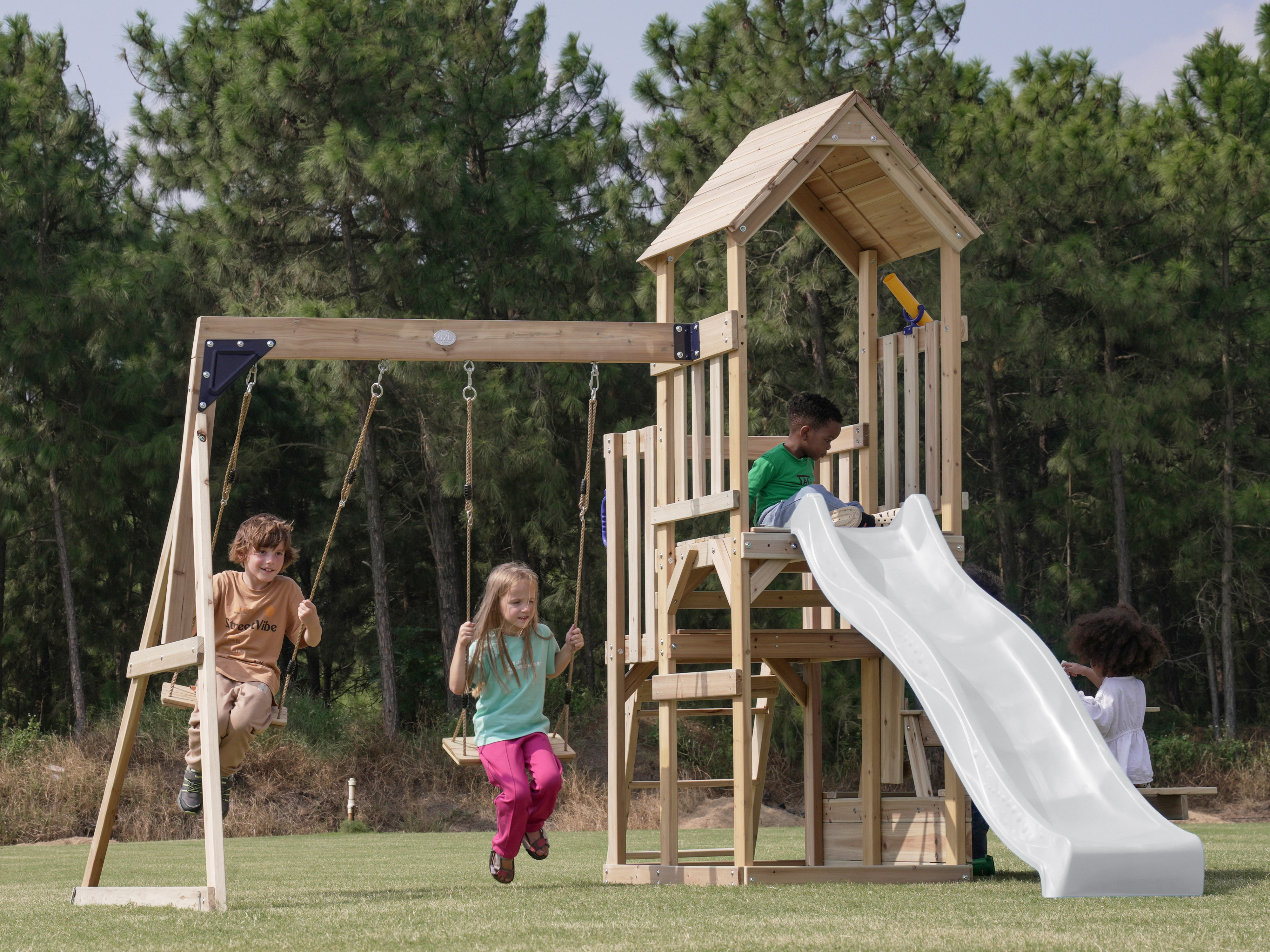 AXI Mette Climbing Frame with Double Swing Set and Picnic Table - White Slide