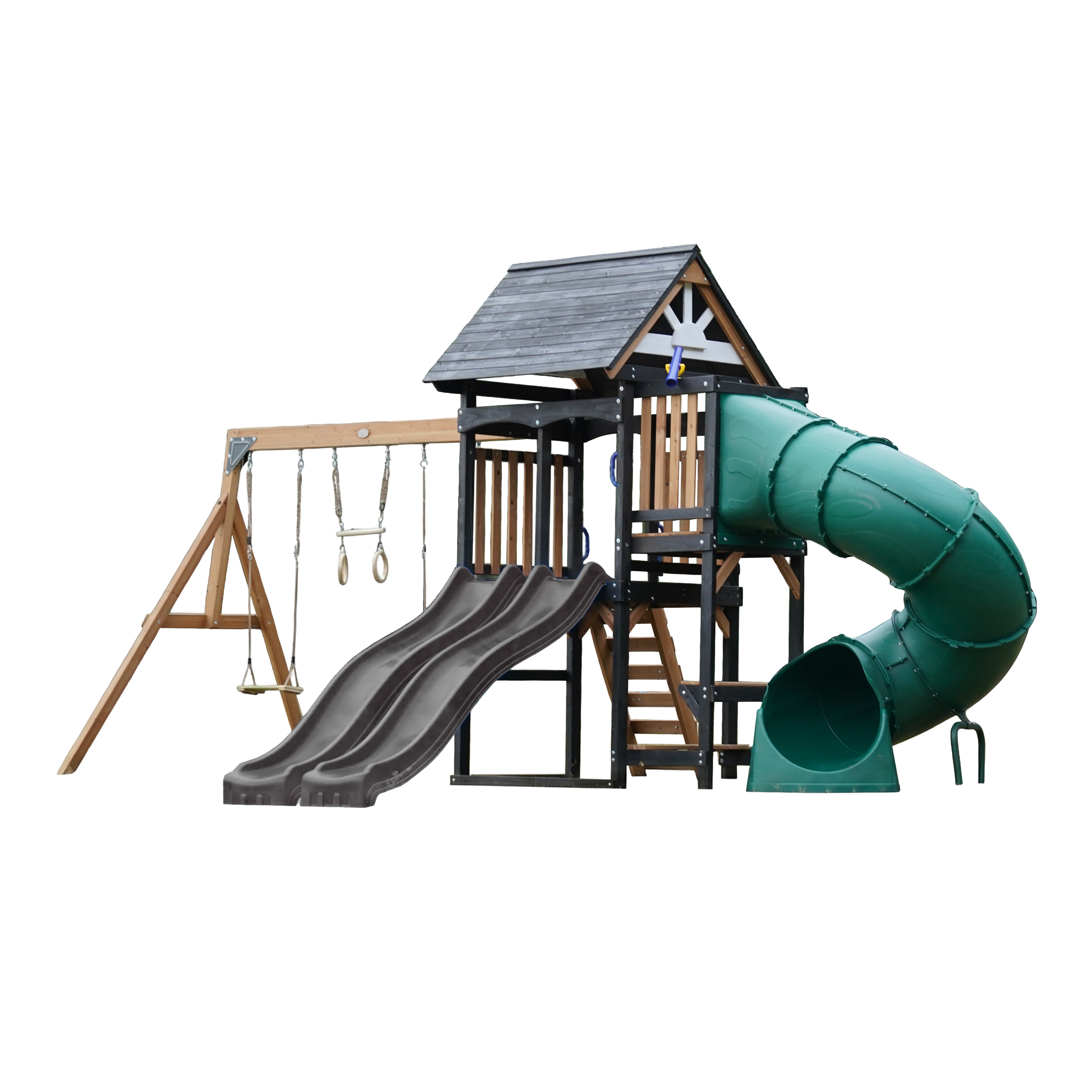 AXI Cody Climbing Frame with Swings, Trapeze and Climbing Wall – Grey Double Slide and Tube Slide