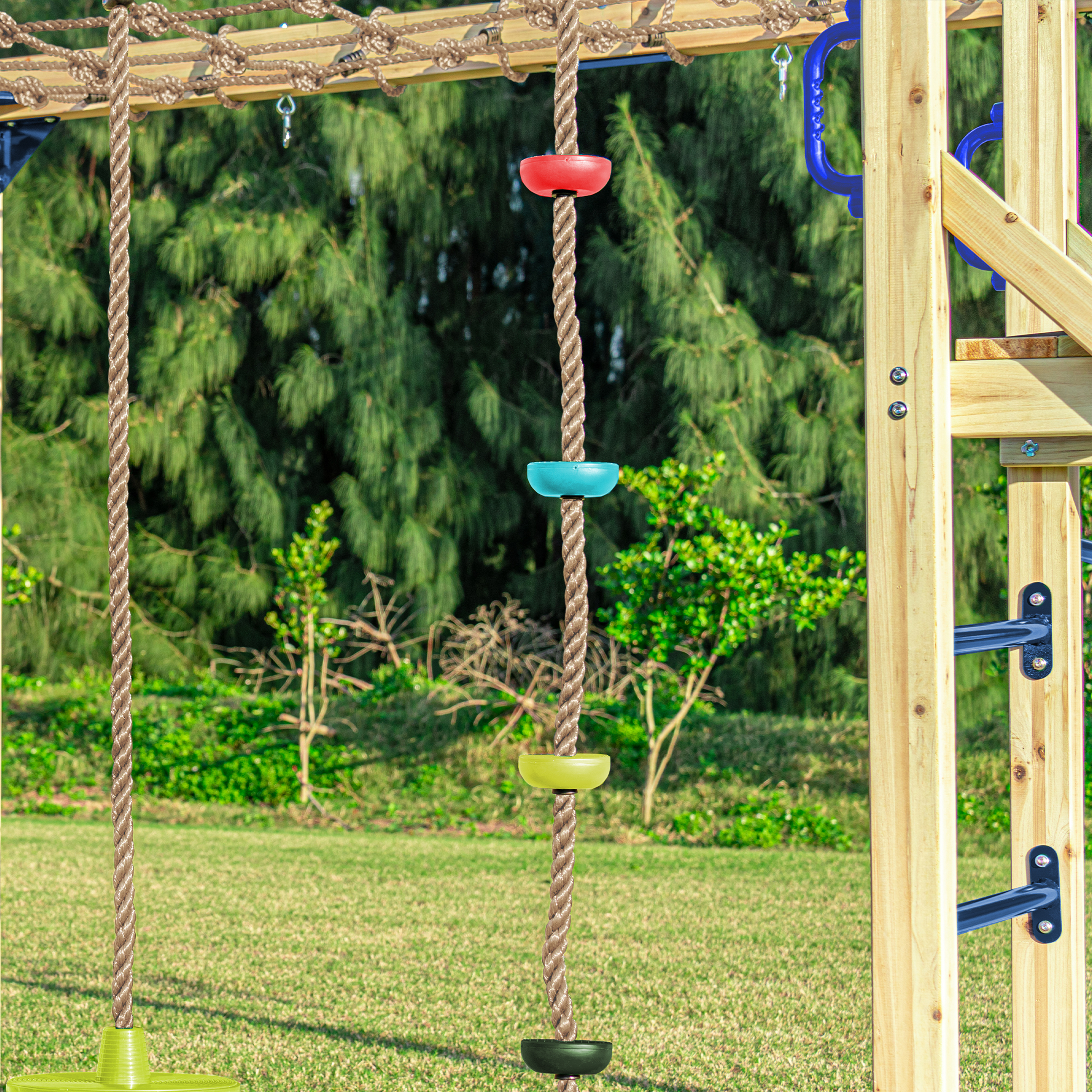 AXI Boris Wooden Playcentre with Swings. Trapeze. Climbing Nets and Monkey Bars – Blue Slide-8720365066658 AXI Boris Wooden Playcentre with Swings. Trapeze. Climbing Nets and Monkey Bars – Blue Slide