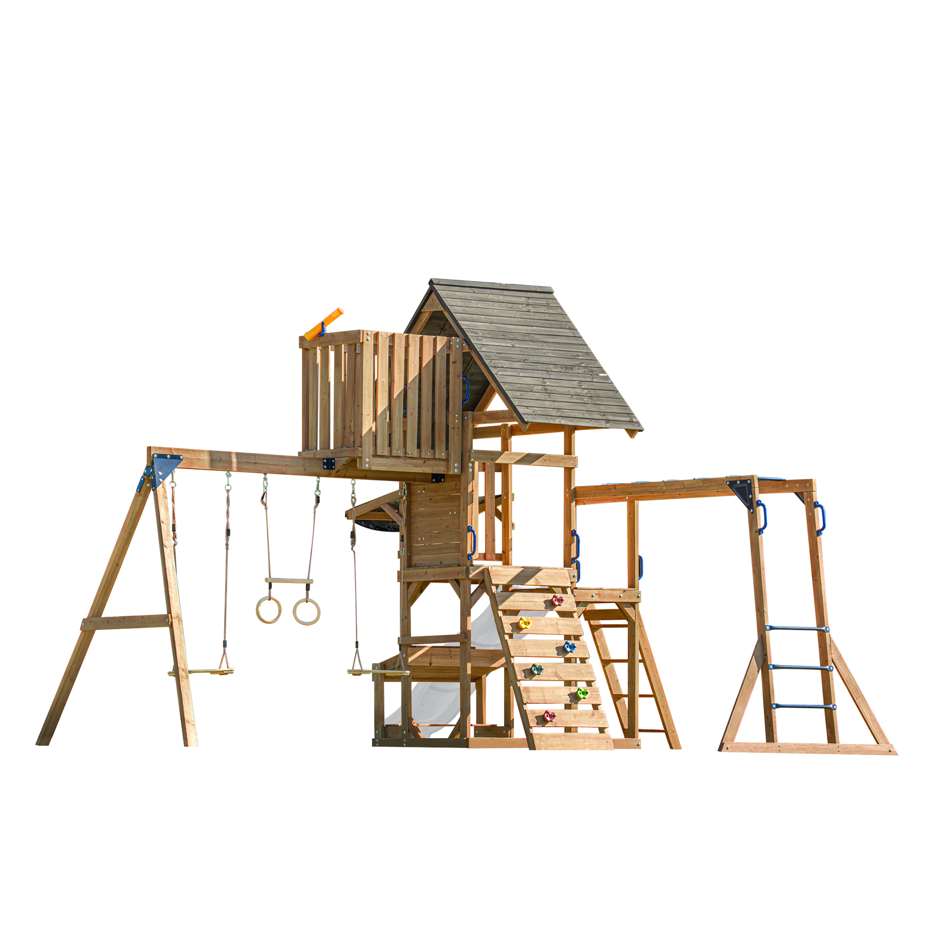 AXI Mitch Climbing Frame with Double Swing. Trapeze and Lookout Tower – White Slide