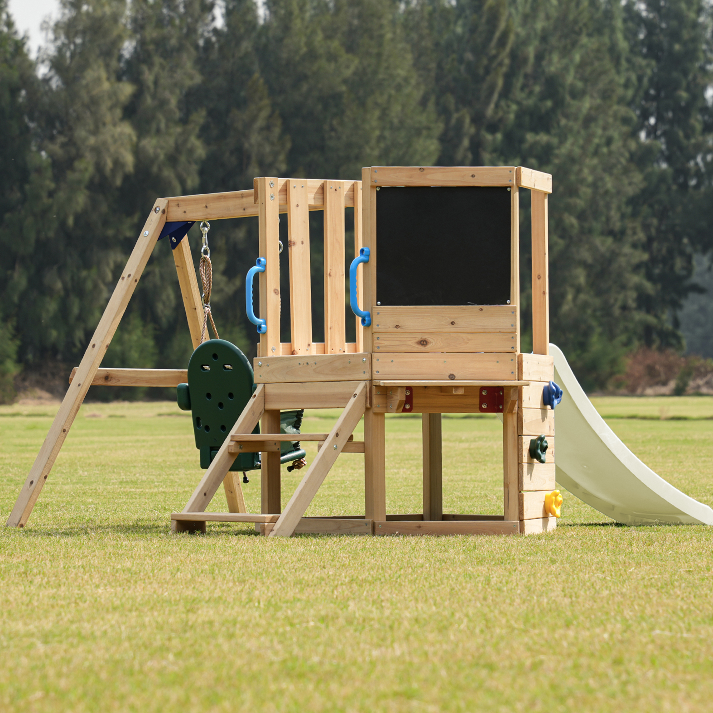 AXI Timo Mini Climbing Frame with Baby Swing, Climbing Wall and Chalkboard – Cream Slide