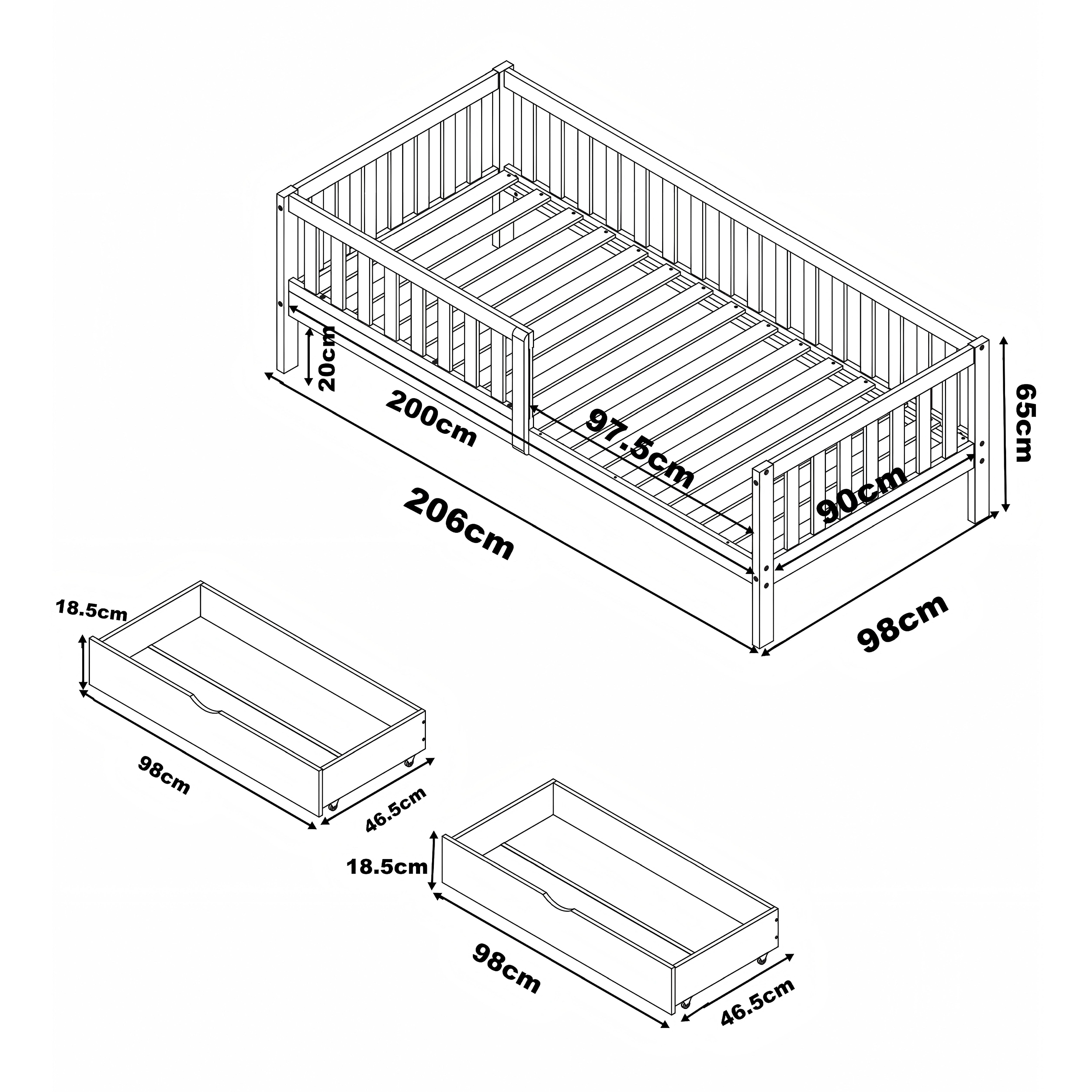 Sunny Isa Kids Bed with 2 Storage Drawers and Guardrail White – With Mattress