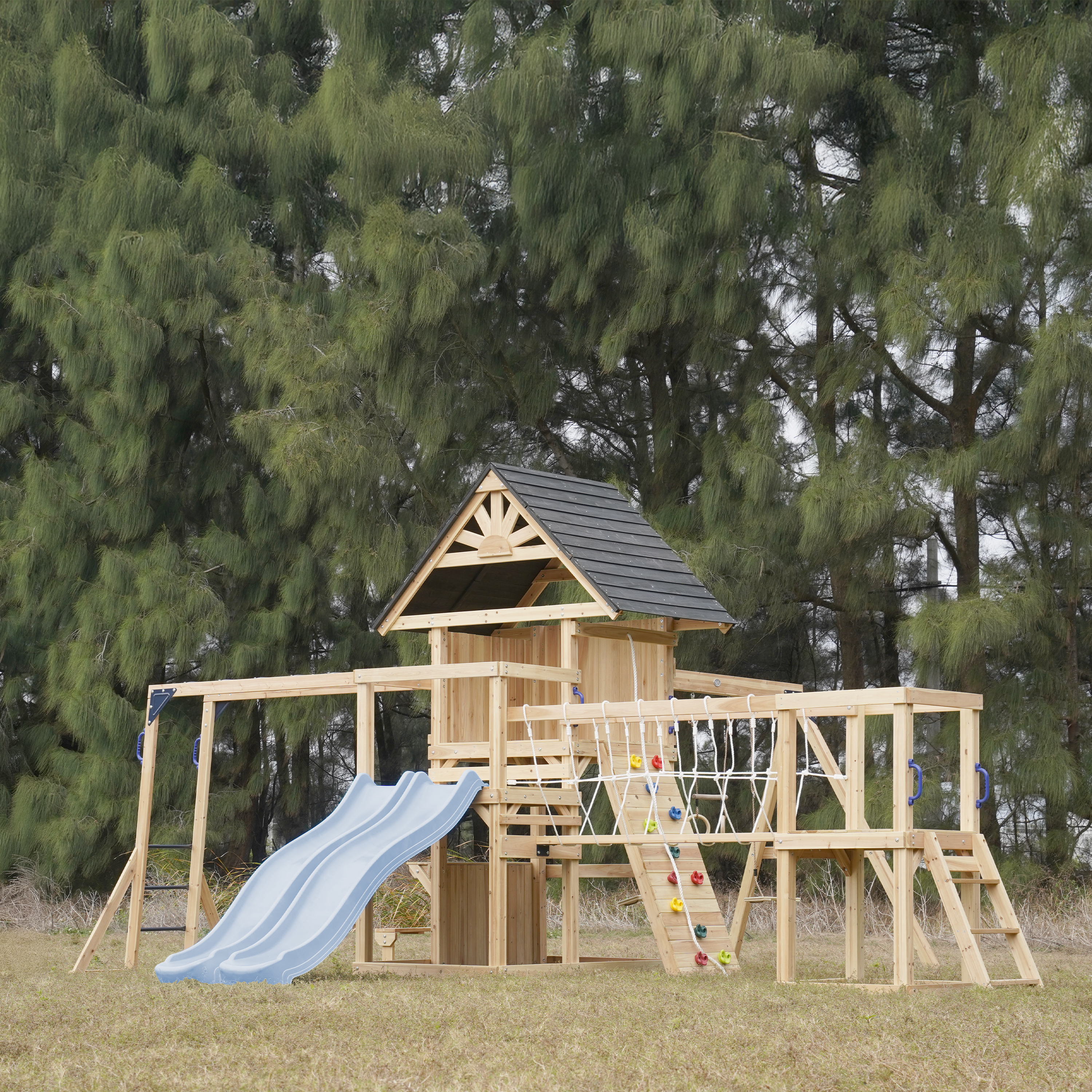 AXI Hunter Climbing Frame with Swings, Climbing Frame, Climbing Bridge and Multiple Platforms – Pastel Blue Double Slide