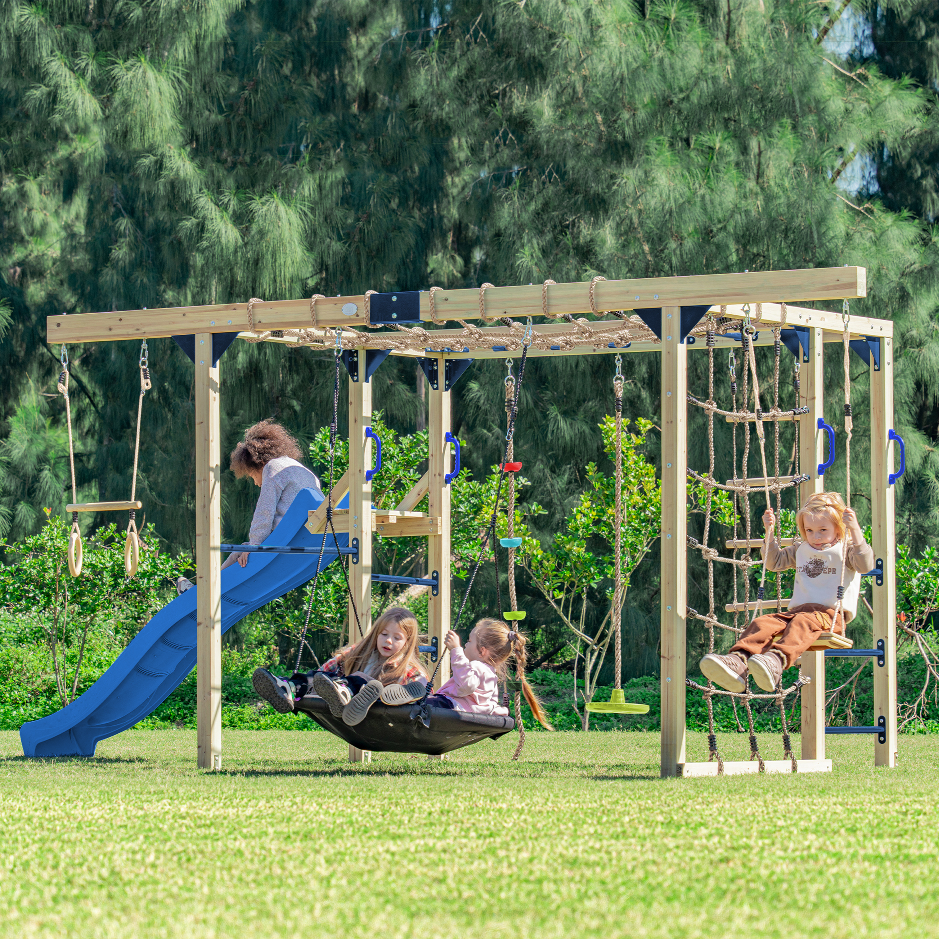 AXI Boris Wooden Playcentre with Swings. Trapeze. Climbing Nets and Monkey Bars – Blue Slide-8720365066658 AXI Boris Wooden Playcentre with Swings. Trapeze. Climbing Nets and Monkey Bars – Blue Slide