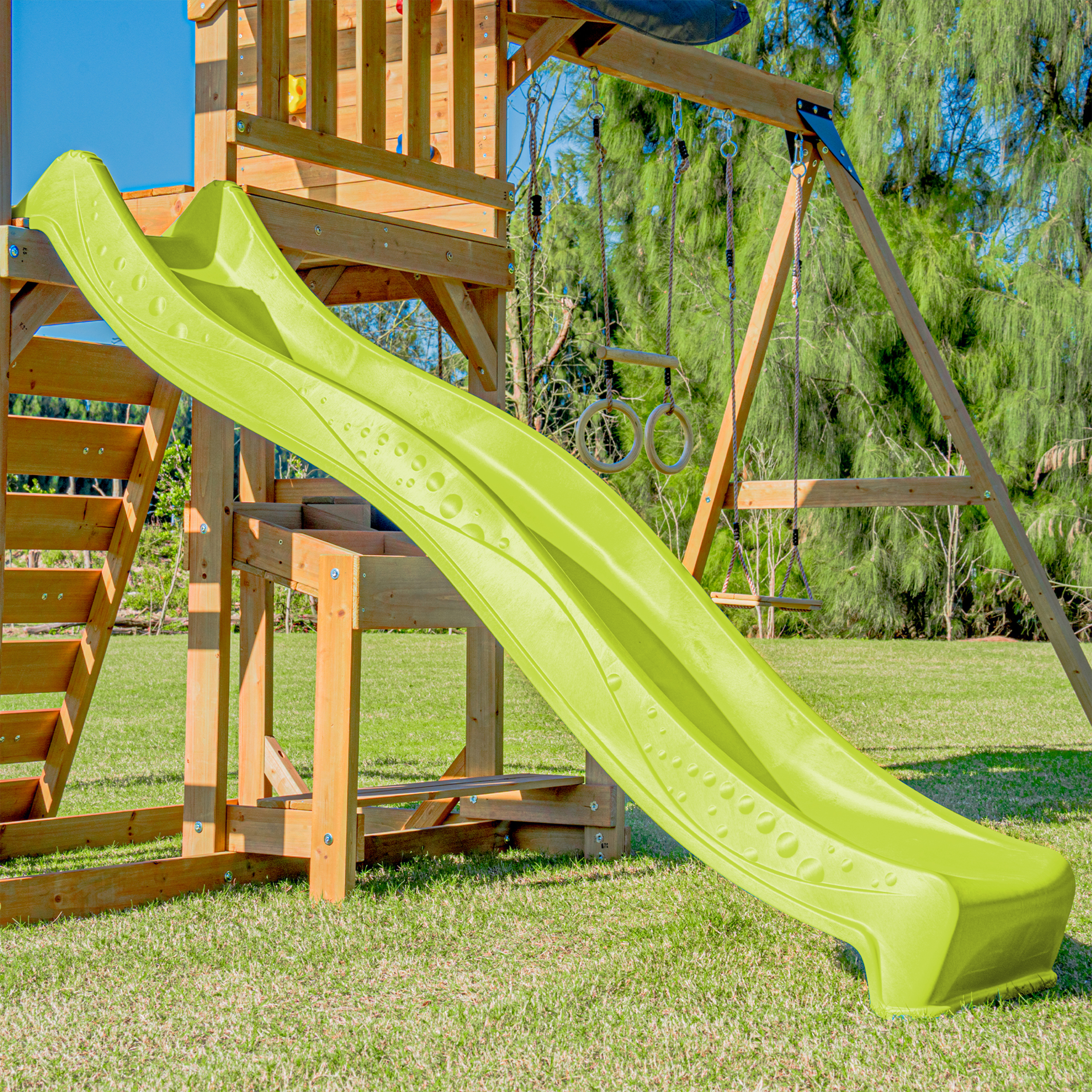 AXI Mitch Climbing Frame with Double Swing, Trapeze and Lookout Tower – Lime Green Slide