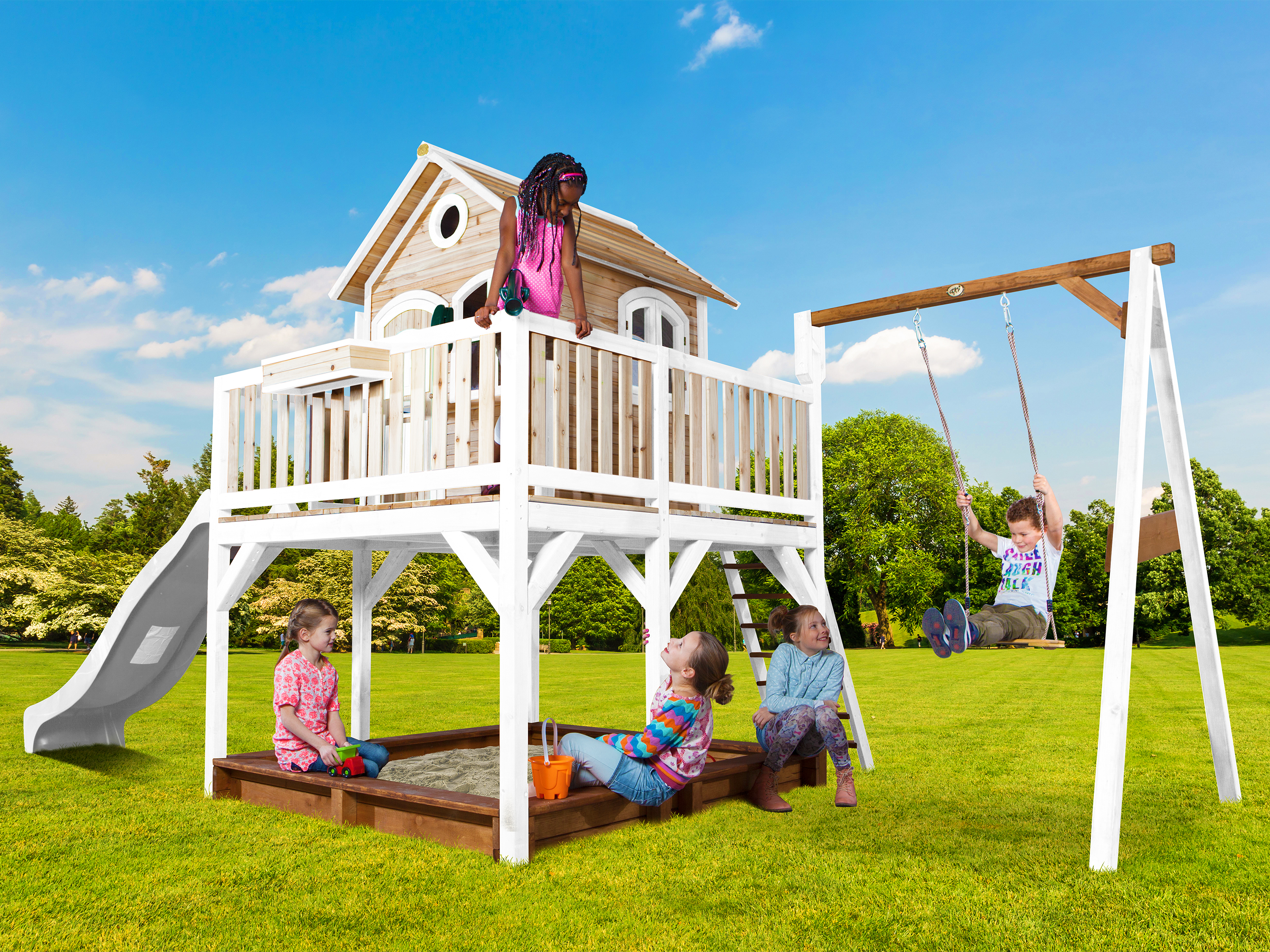 AXI Liam Playhouse with Single Swing Set Brown/White - White Slide