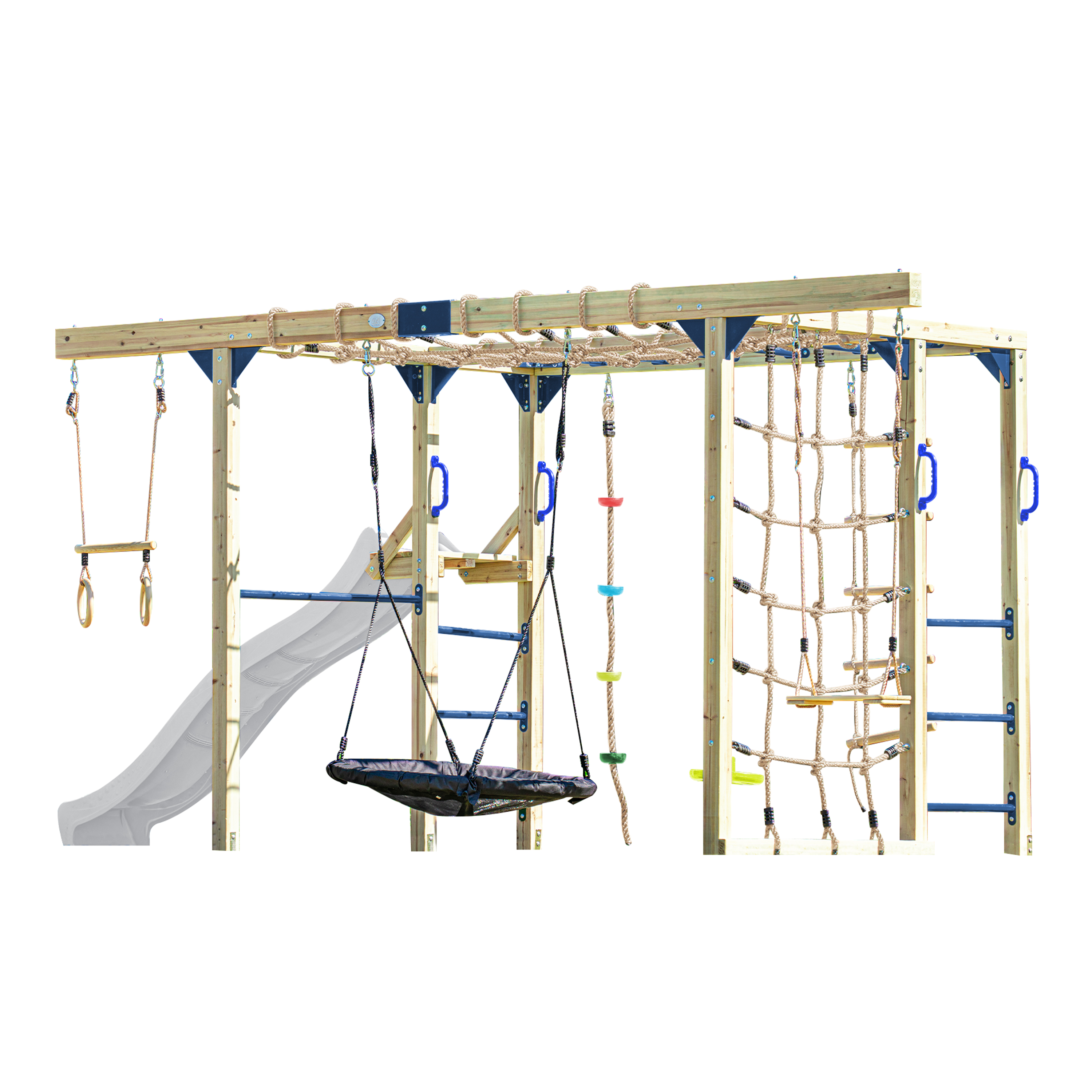 AXI Boris Wooden Playcentre with Swings. Trapeze. Climbing Nets and Monkey Bars – White Slide