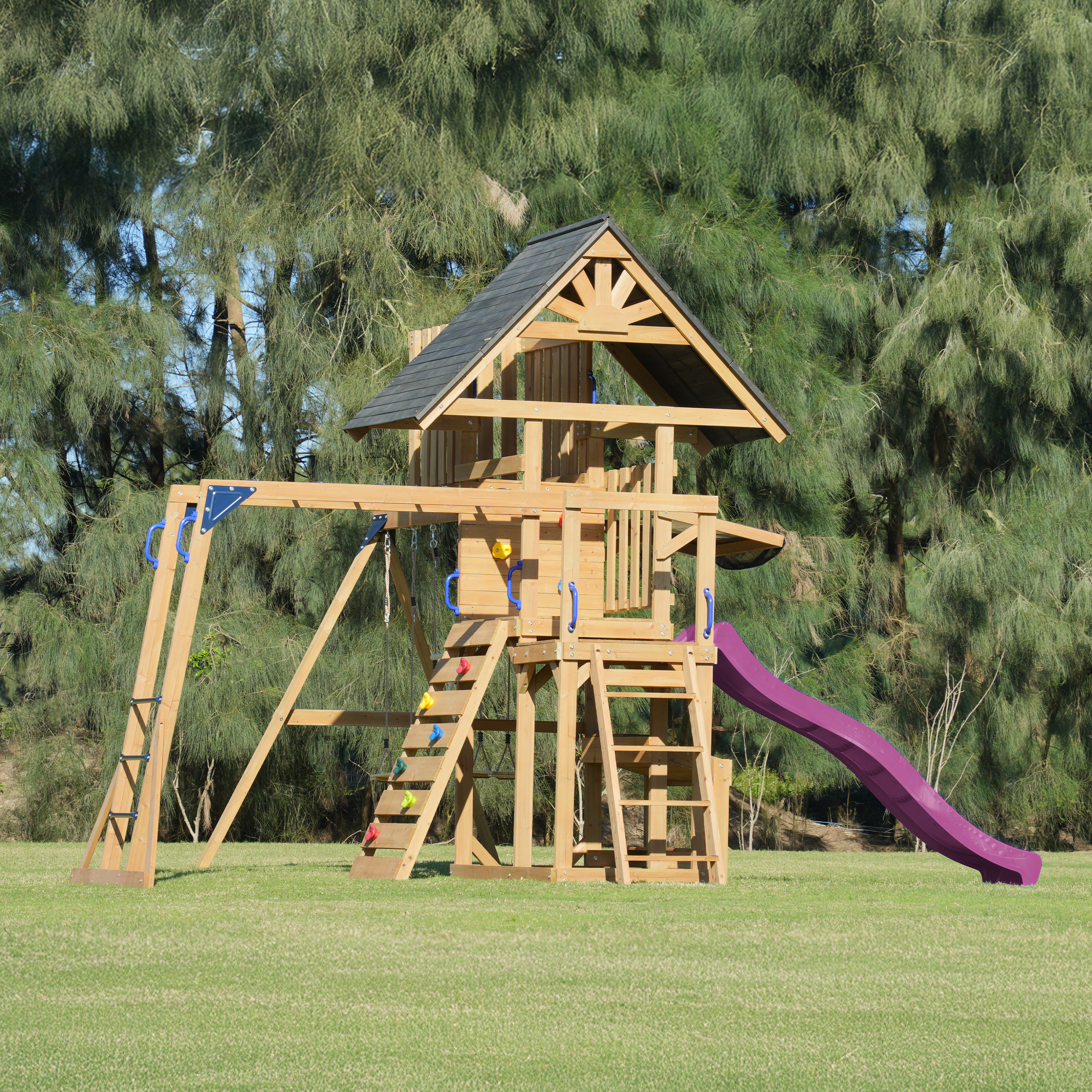 AXI Mitch Climbing Frame with Double Swing, Trapeze and Lookout Tower – Purple Slide