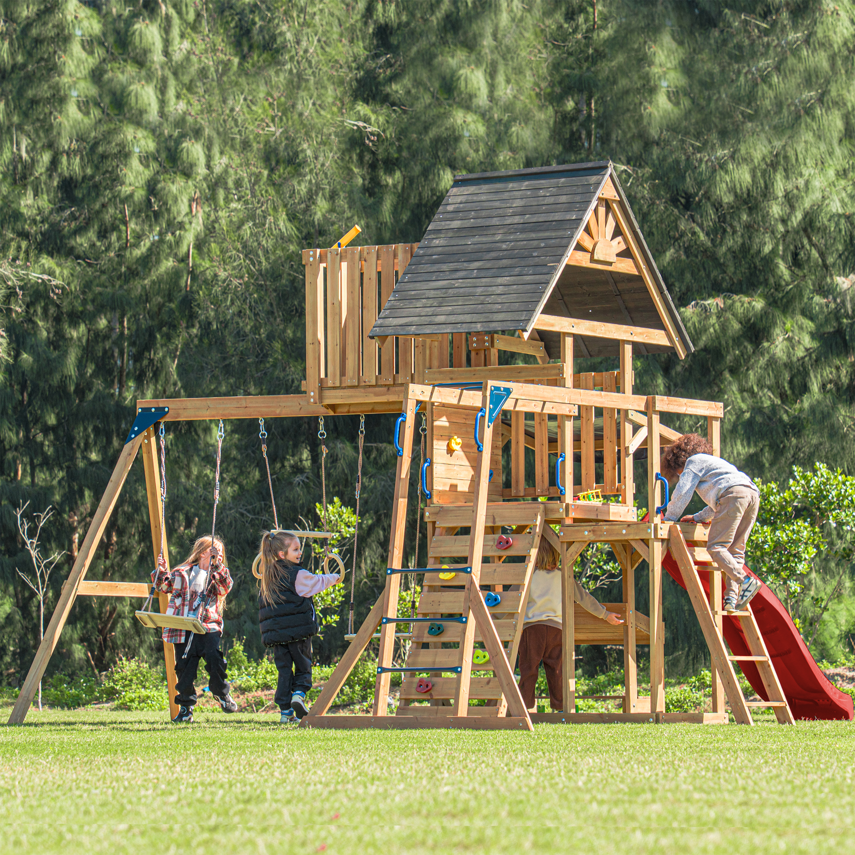 AXI Mitch Climbing Frame with Double Swing. Trapeze and Lookout Tower – Red Slide