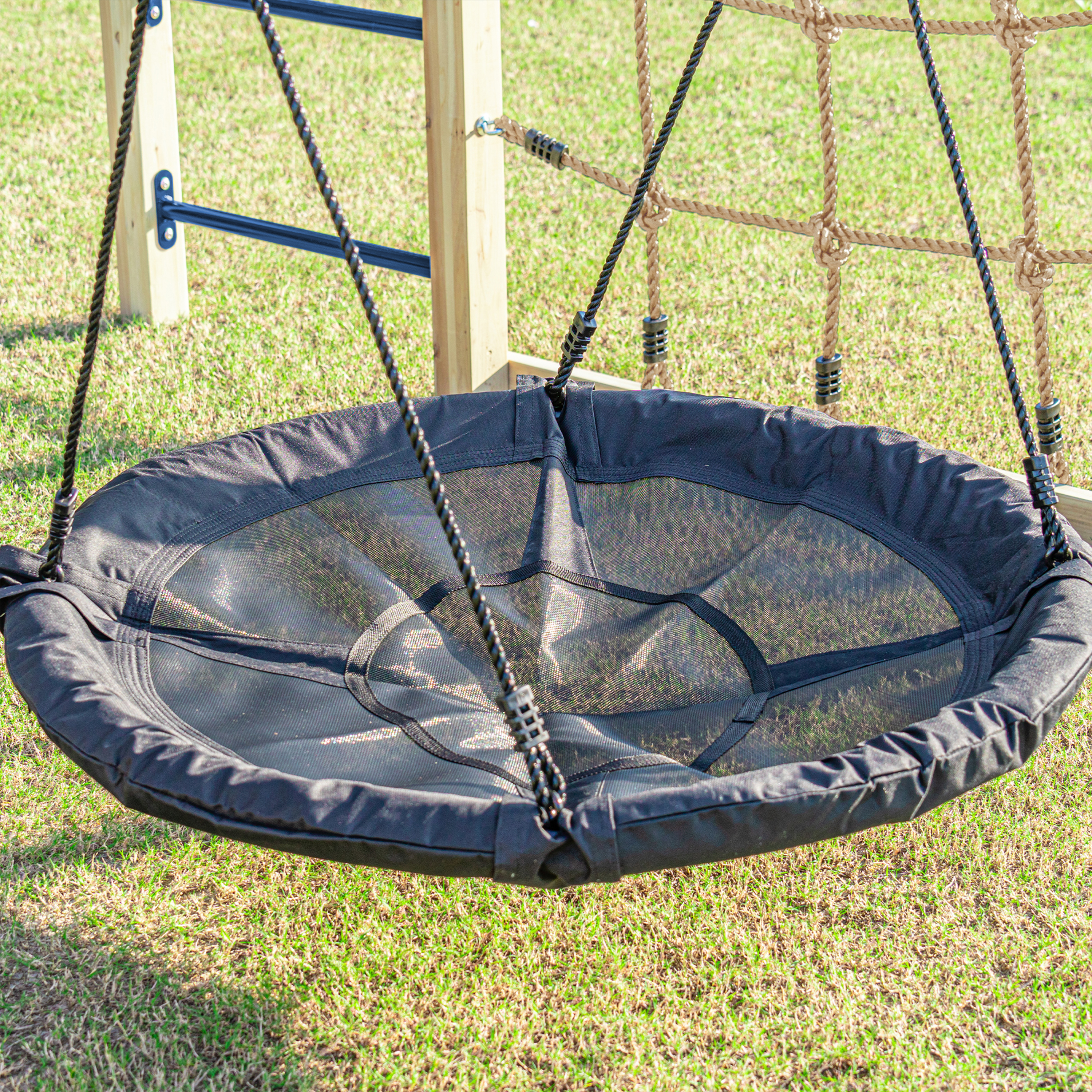 AXI Boris Wooden Playcentre with Swings. Trapeze. Climbing Nets and Monkey Bars – Blue Slide-8720365066658 AXI Boris Wooden Playcentre with Swings. Trapeze. Climbing Nets and Monkey Bars – Blue Slide