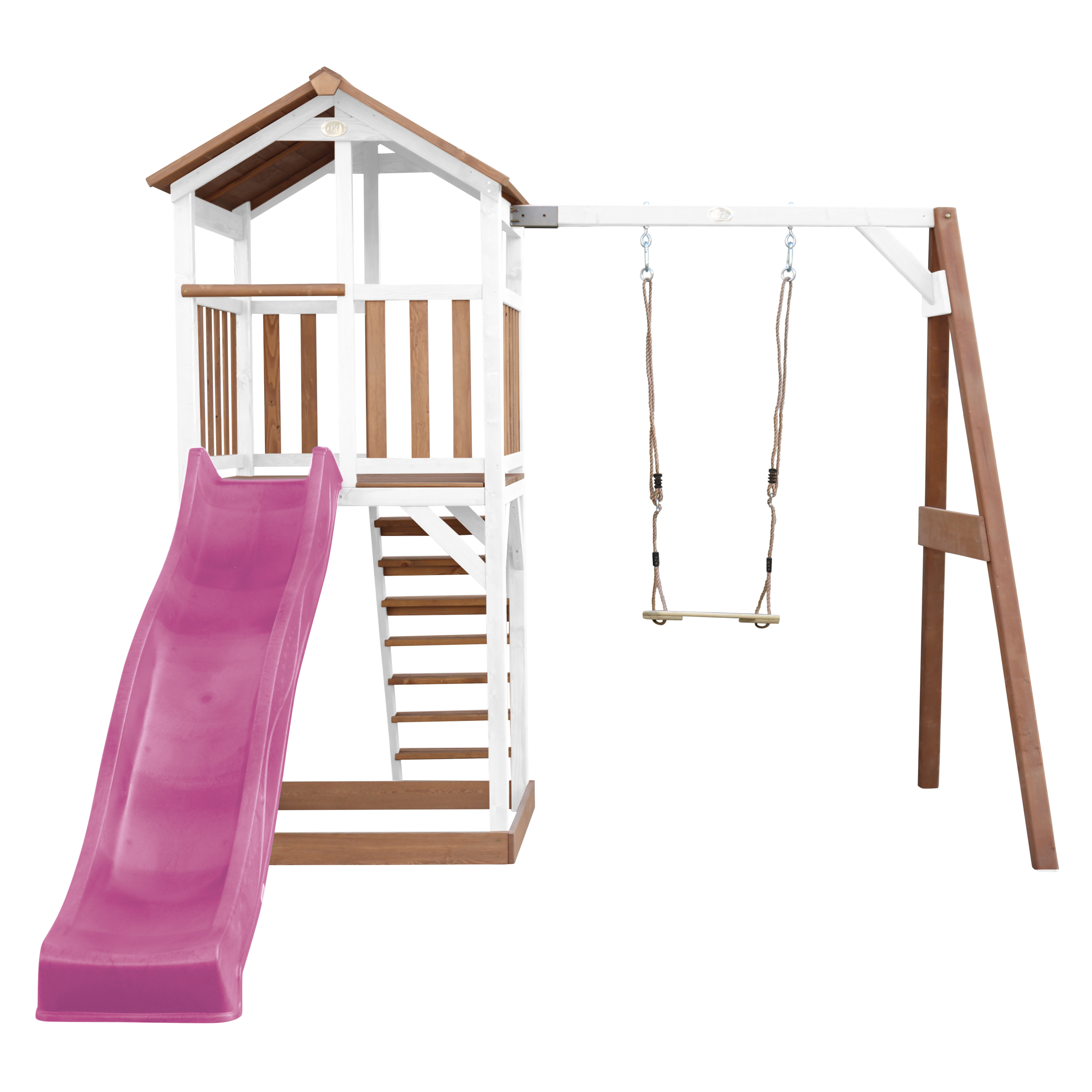 AXI Beach Tower with Single Swing Set Brown/White - Purple Slide-8720365061769 AXI Beach Tower with Single Swing Set Brown/White - Purple Slide