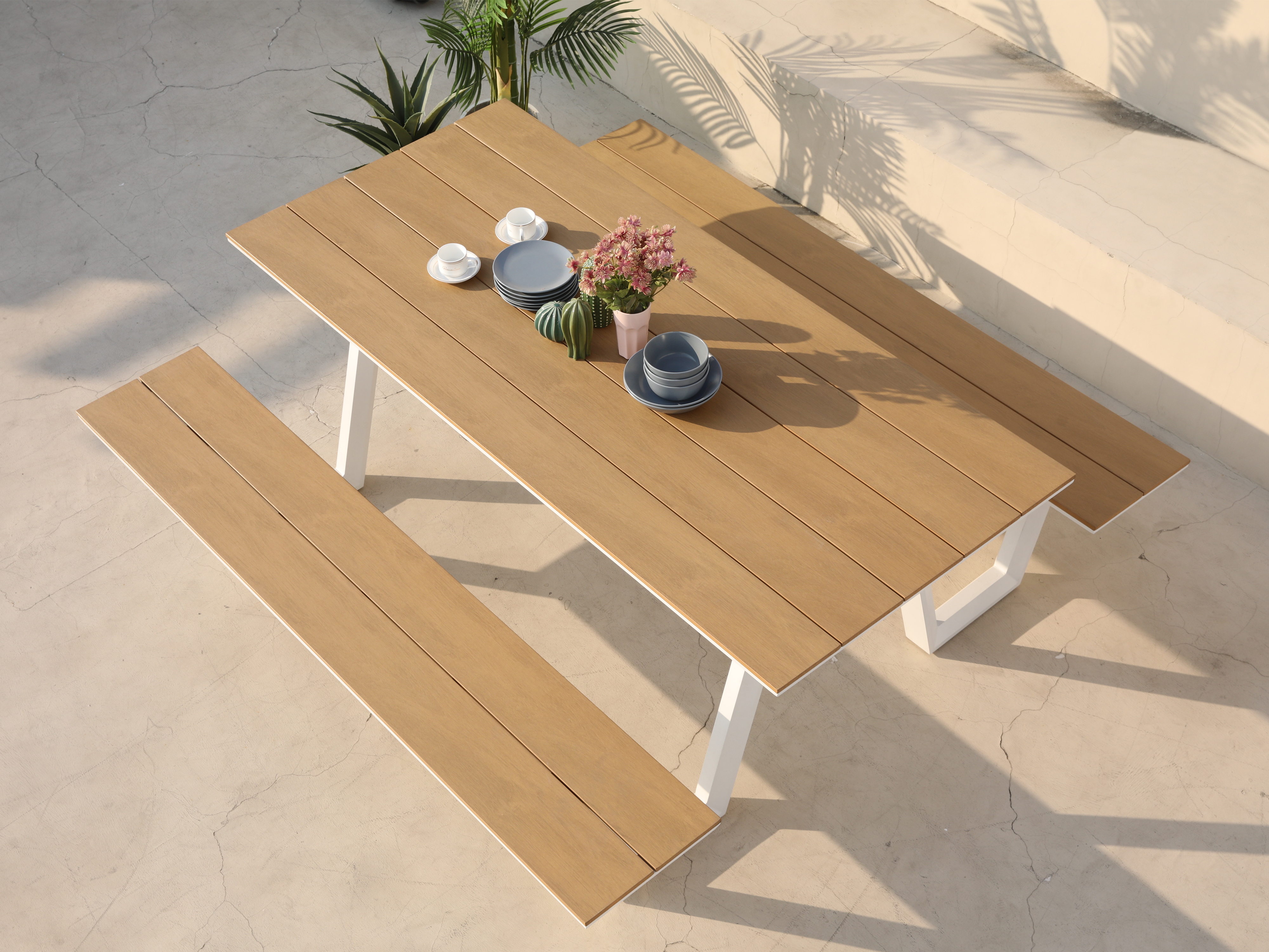 AXI Nori Picnic Table with 2 Benches White with Teak-look Polywood