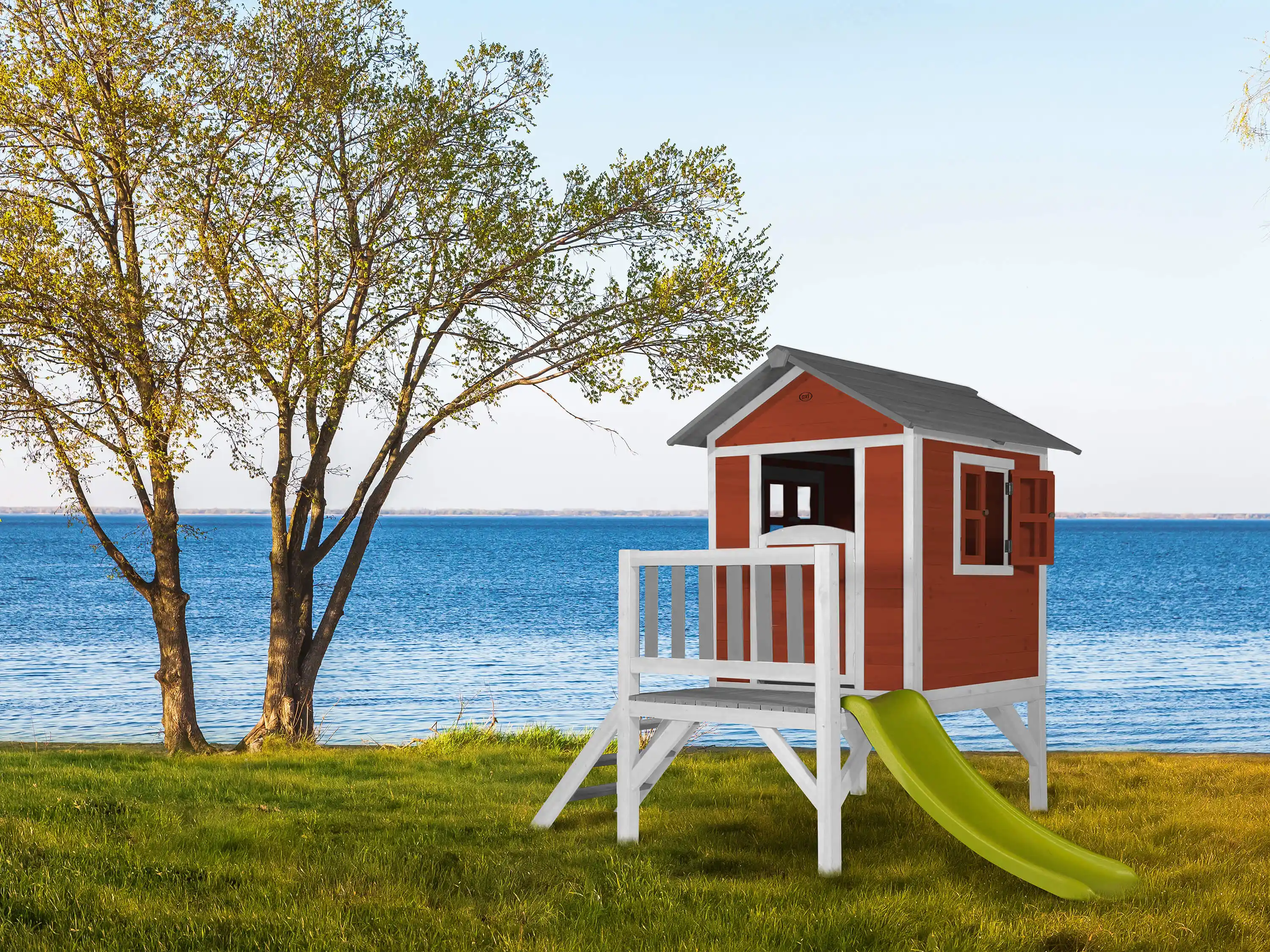 AXI Lodge XL Speelhuis Scandinavisch Rood - Limoen groene Glijbaan