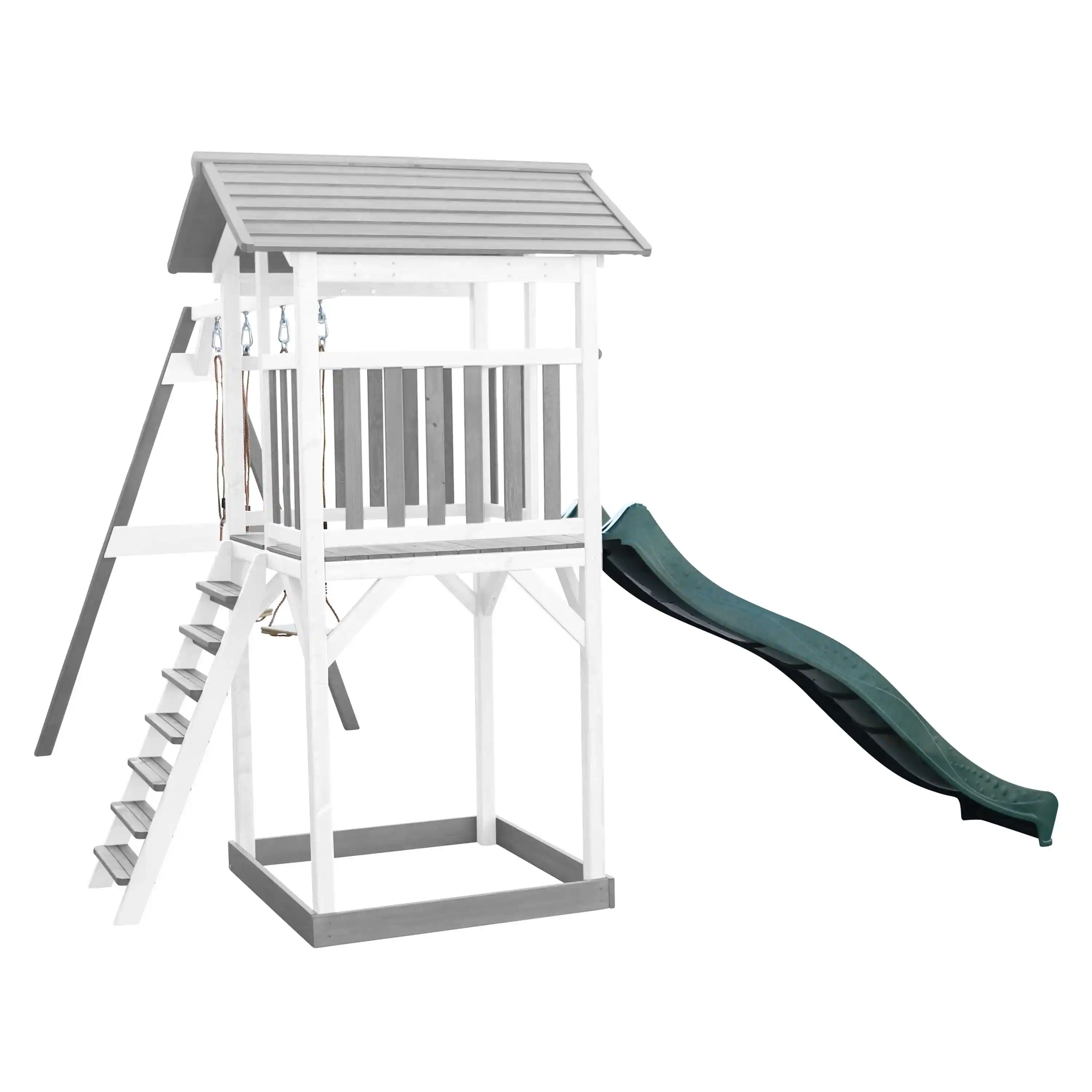 AXI Beach Tower Speeltoren met Dubbele Schommel Grijs/wit - Groene Glijbaan