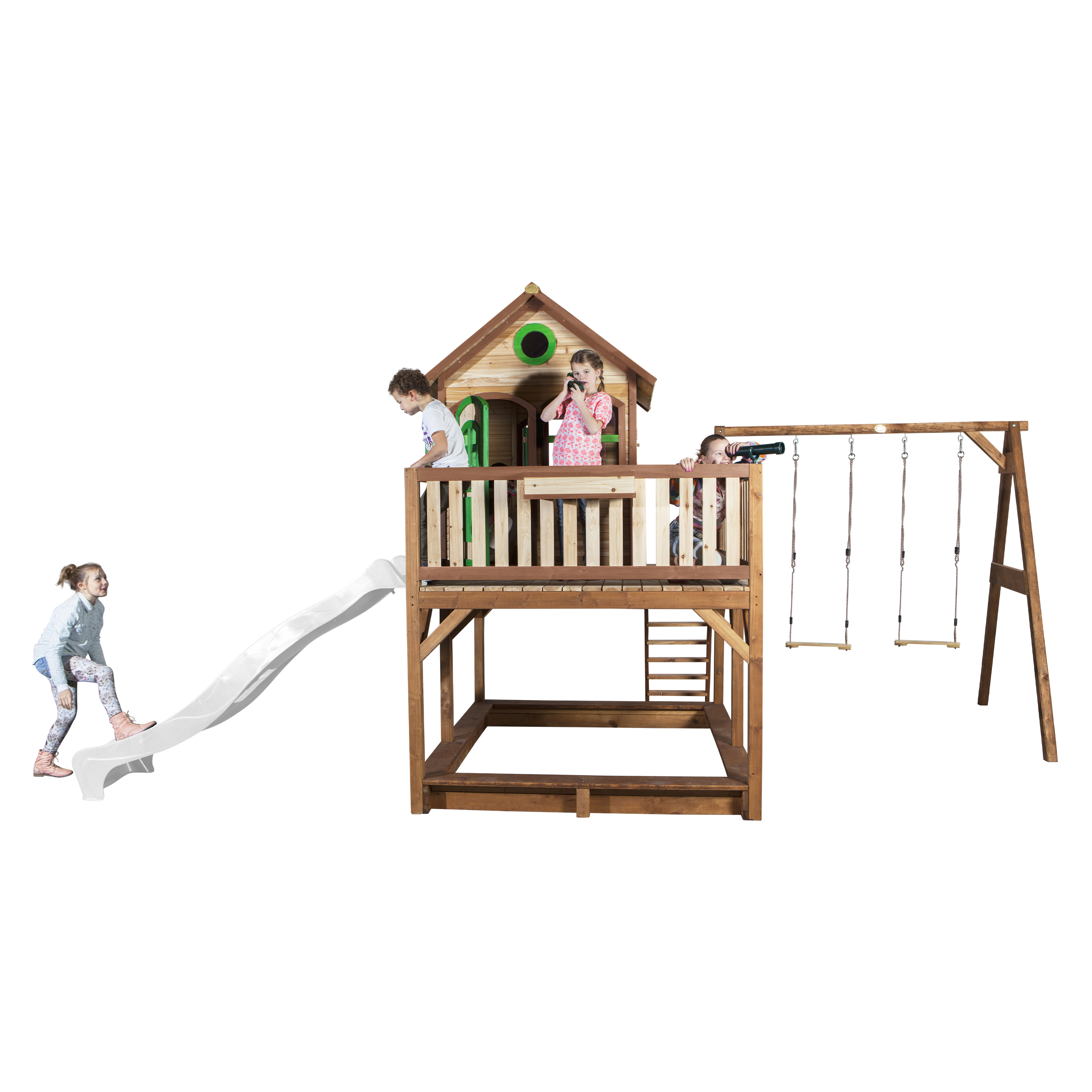 AXI Liam Playhouse with Double Swing Set Brown/Green - White Slide-8717973937838 AXI Liam Playhouse with Double Swing Set Brown/Green - White Slide